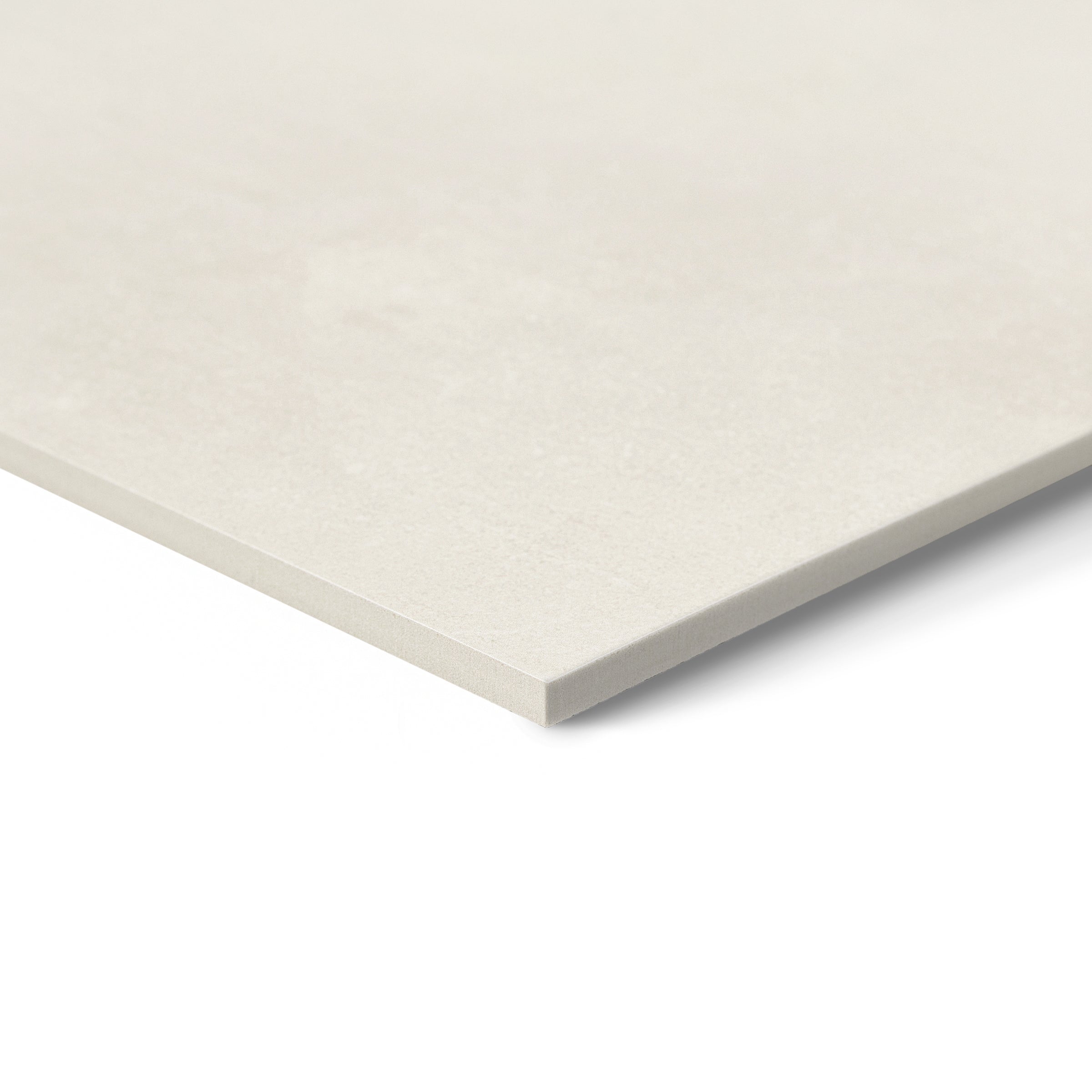 Close-up of a large off-white square tile with a subtle textured surface and beveled edge