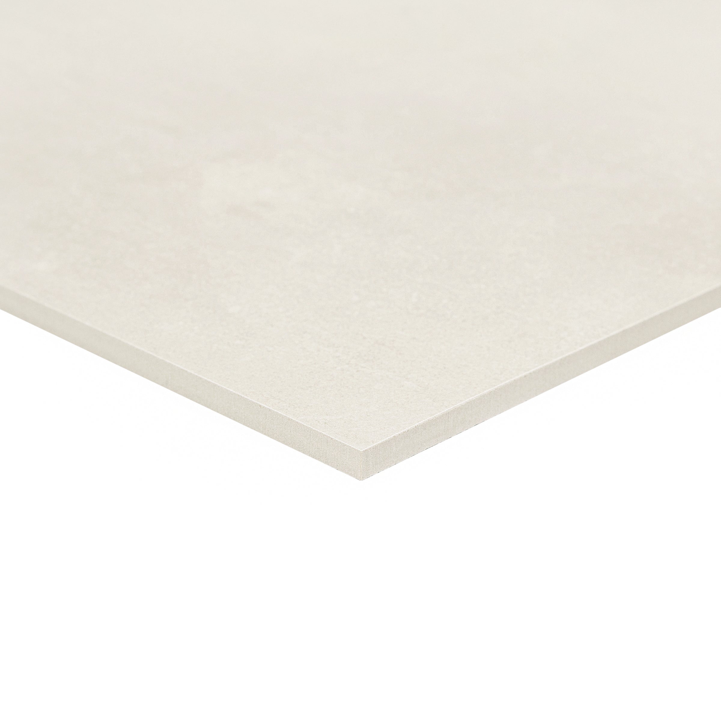 Close-up of a large off-white square tile with a lightly textured surface and beveled edge