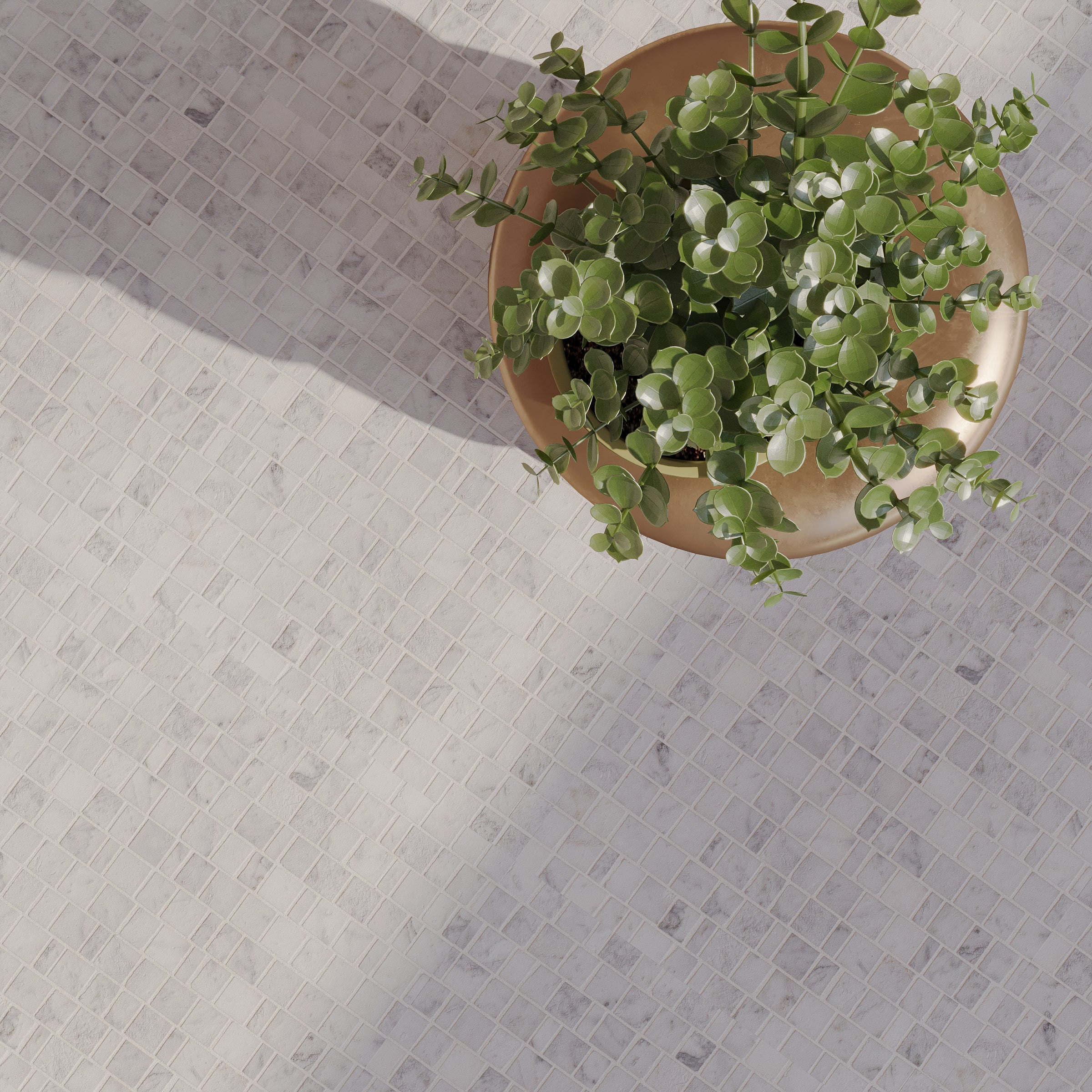 Carrara Running Bond Marble Mosaic in gray and white tones with a plant, from Marble Tiles, Stone, New Arrivals collections