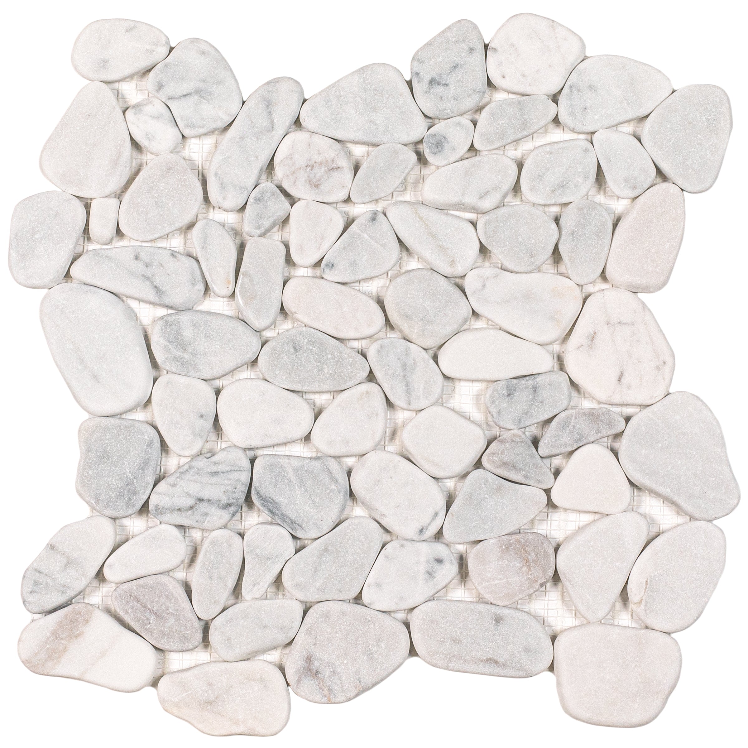 Carrara Tumbled Pebble Mosaic with gray and white marble stones in varied shapes, smooth matte finish from Tumbled Pebble Mosaics Stone New Arrivals