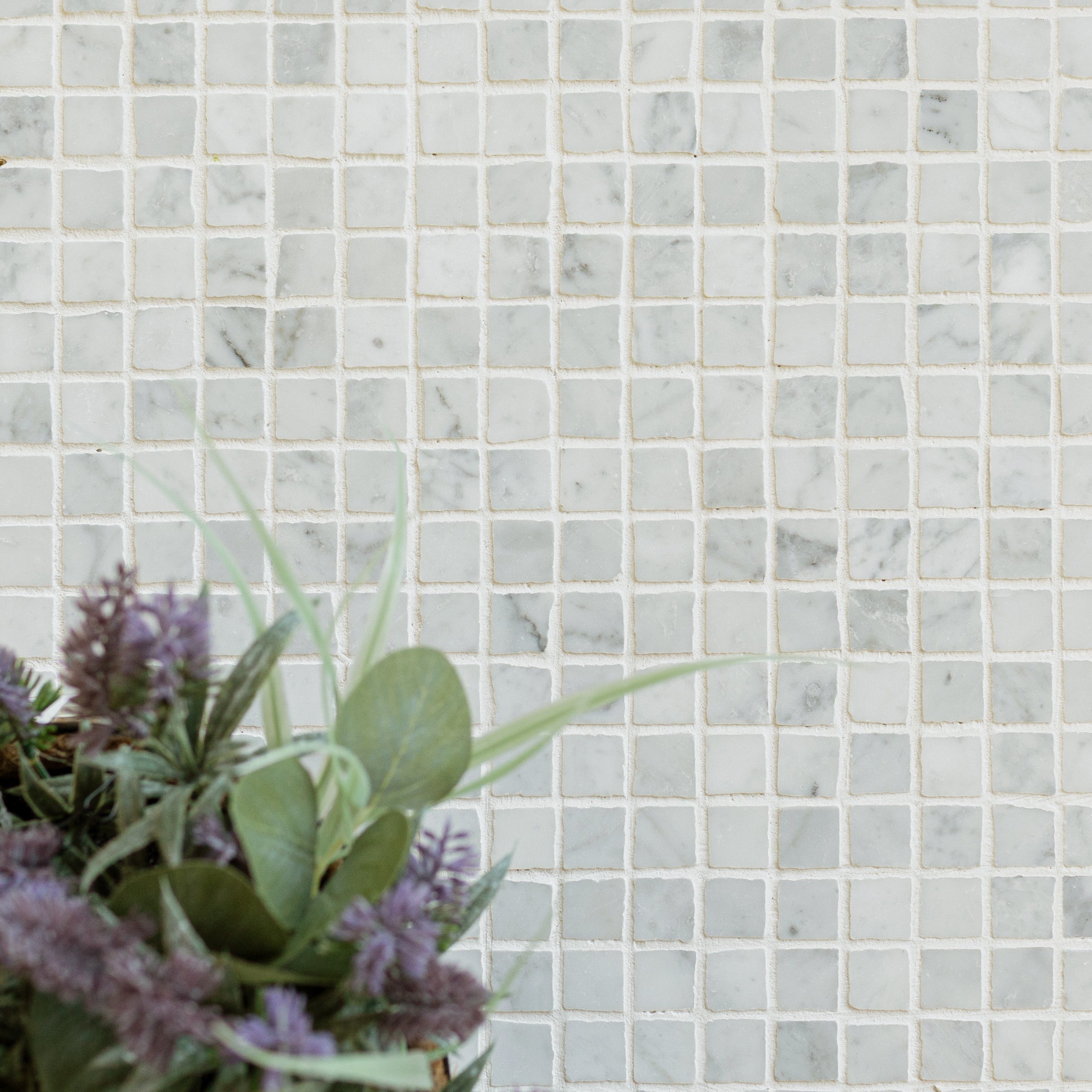 Small square marble mosaic tiles with subtle gray patterns and a blurred plant arrangement in the foreground