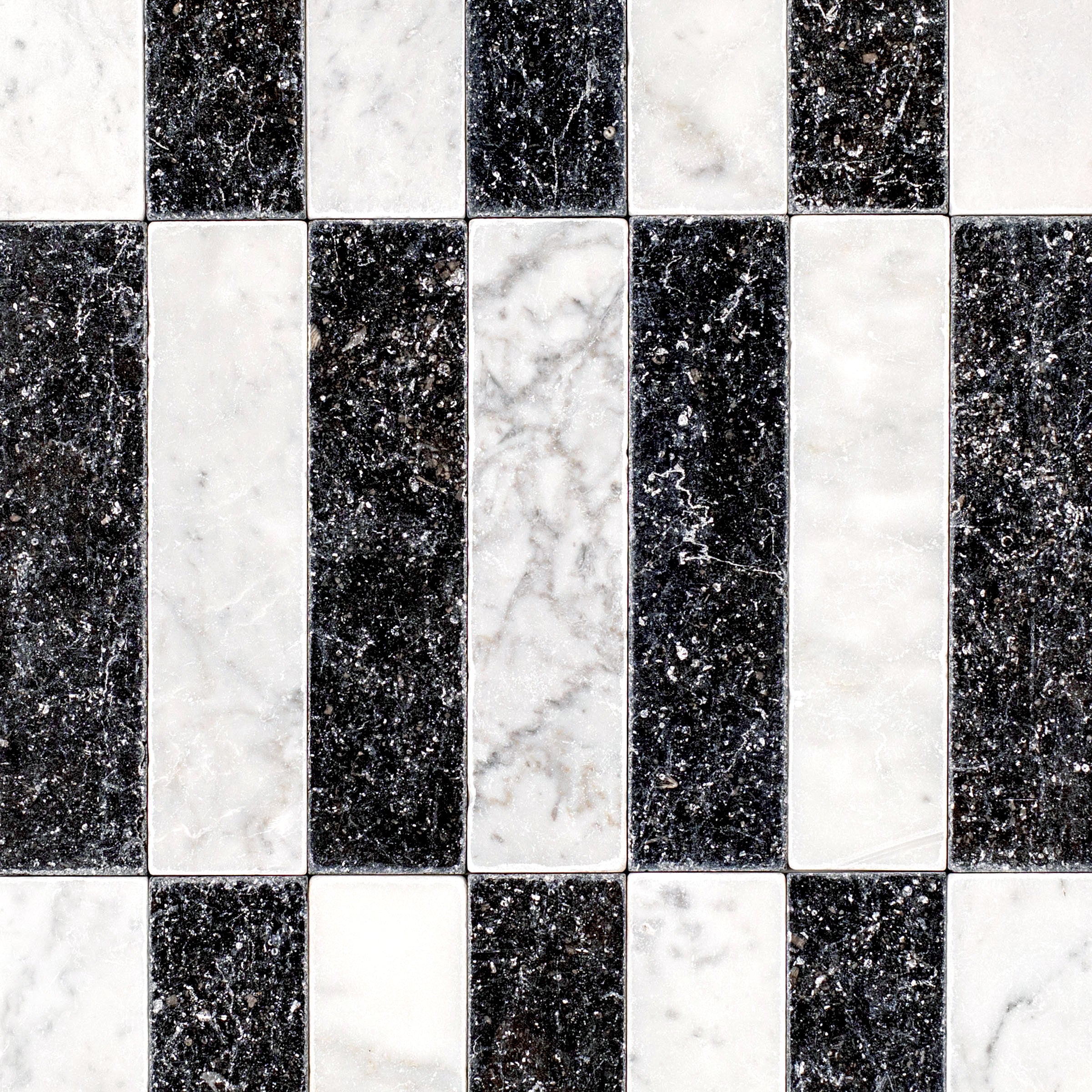 Carrara Belgian Blue Tumbled Stone Checker Stripe gray, white, black marble tiles from Tumbled Natural Stone Tiles collection