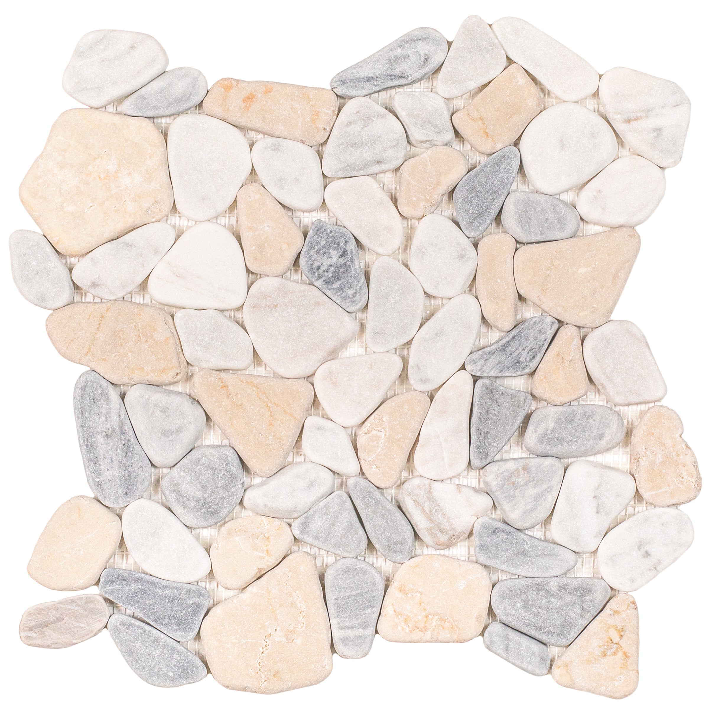 Carrara, Crema, Bardiglio Tumbled Pebble Mosaic with white, beige, gray stones from Tumbled Pebble Mosaics Stone New Arrivals GREY collection
