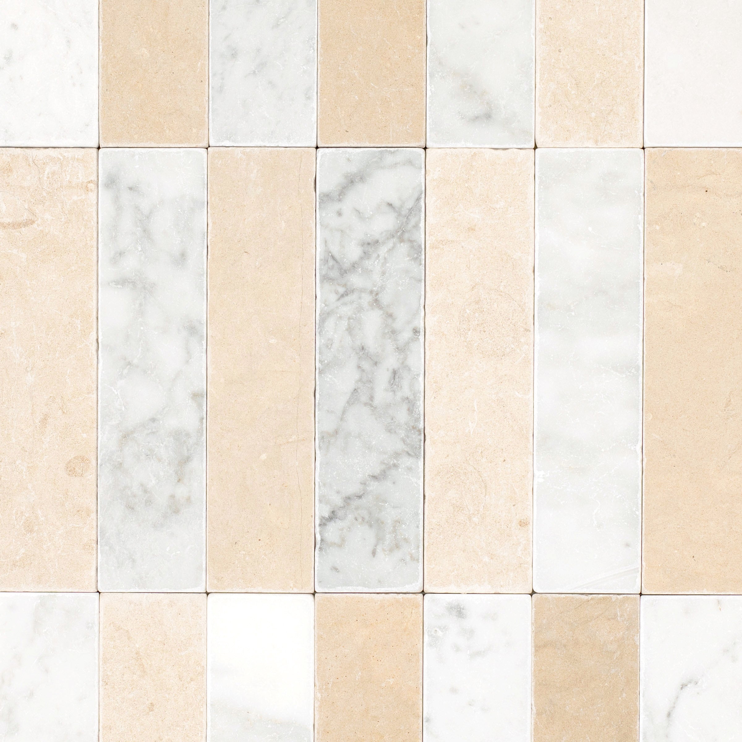 Carrara Desert Tea Tumbled Stone Checker Stripe marble tile in gray, beige, and white from Tumbled Natural Stone Tiles collection