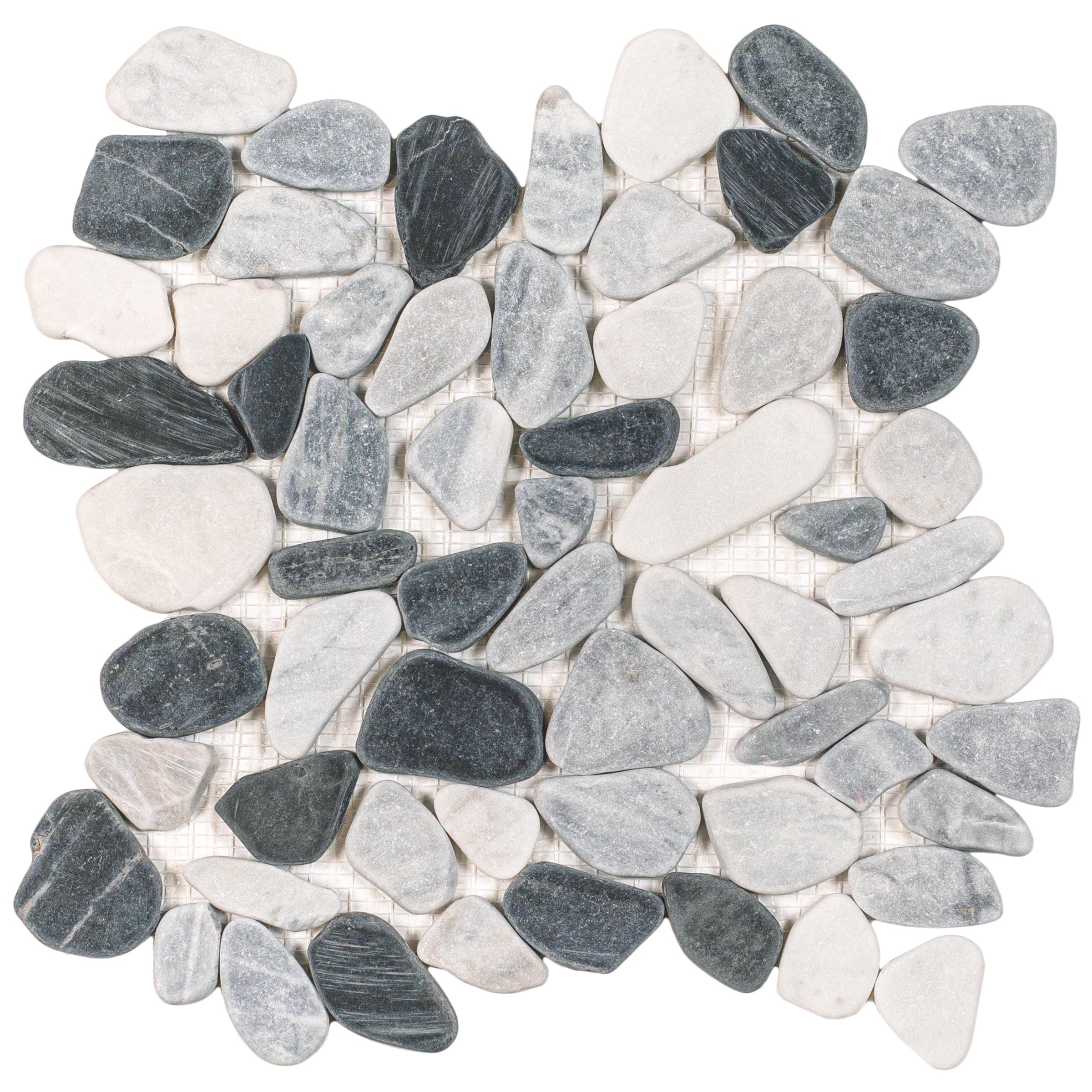 Carrara, Nero, Bardiglio Tumbled Pebble Mosaic with gray, black, and white stone from Tumbled Pebble Mosaics New Arrivals Stone