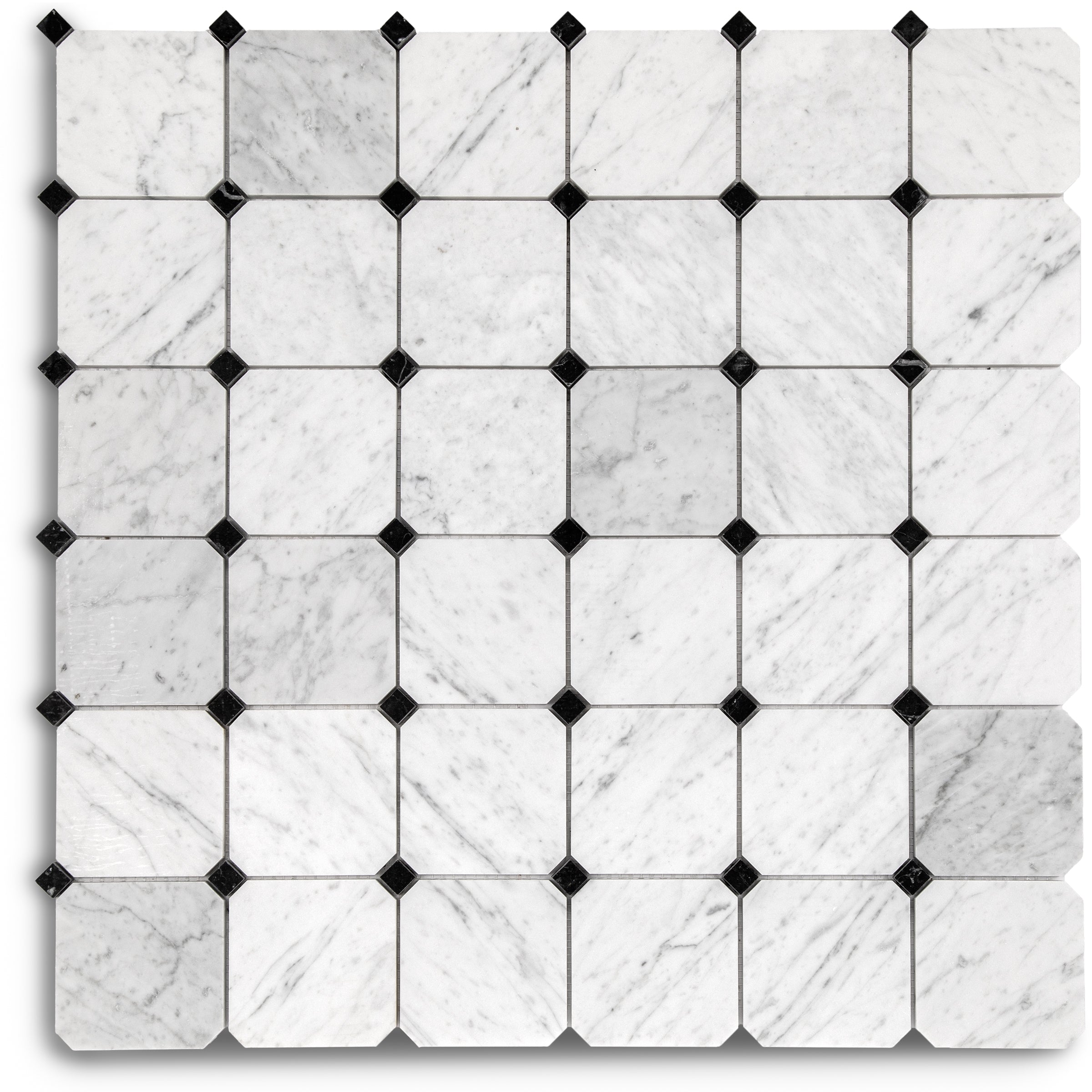 Bianco Carrara Octagon w/ Nero Marquina Dot Mosaic in marble with gray, white, and black from Marble Tiles New Arrivals collection