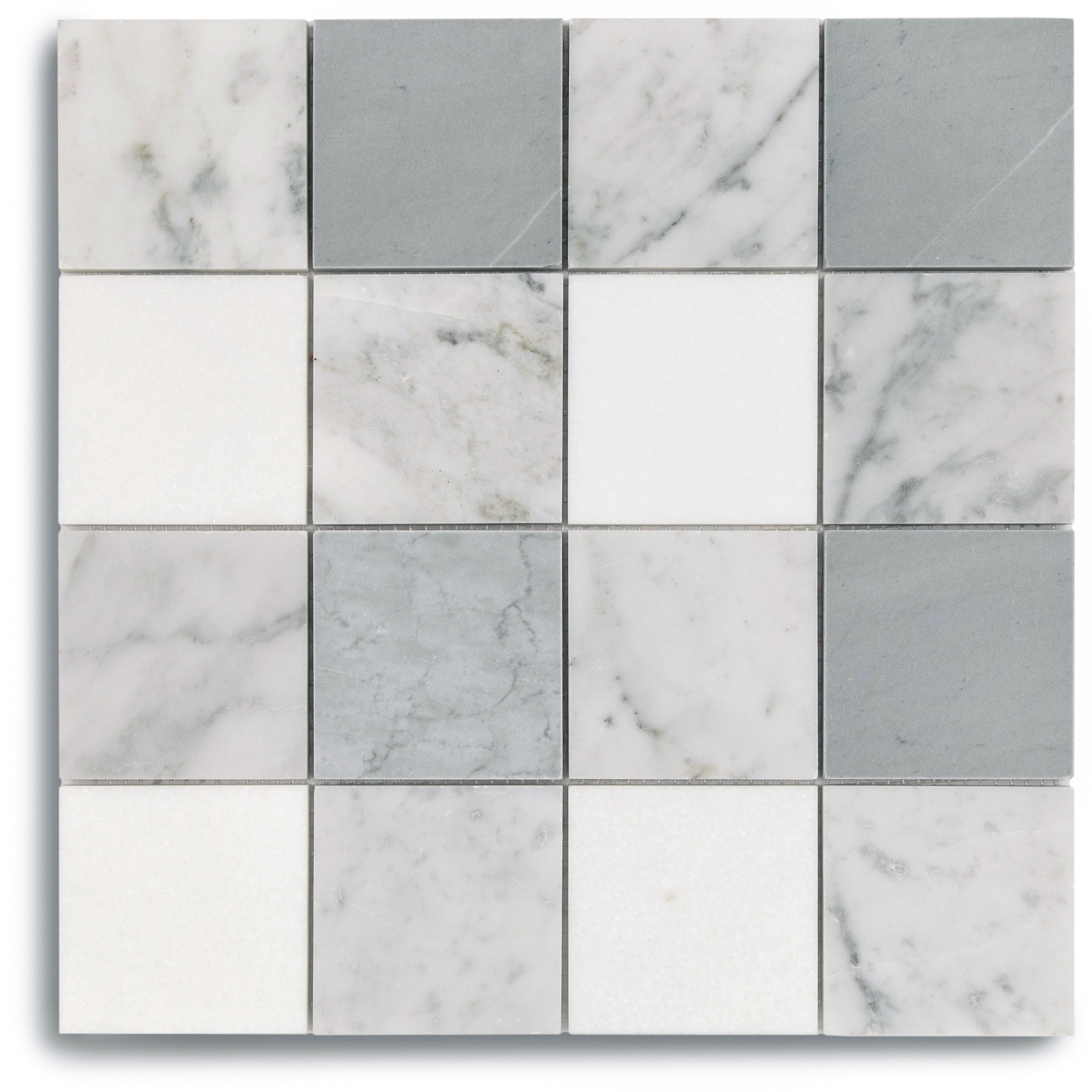 Grid of smooth marble tiles in white and soft gray shades with natural veining in a checkered mosaic pattern