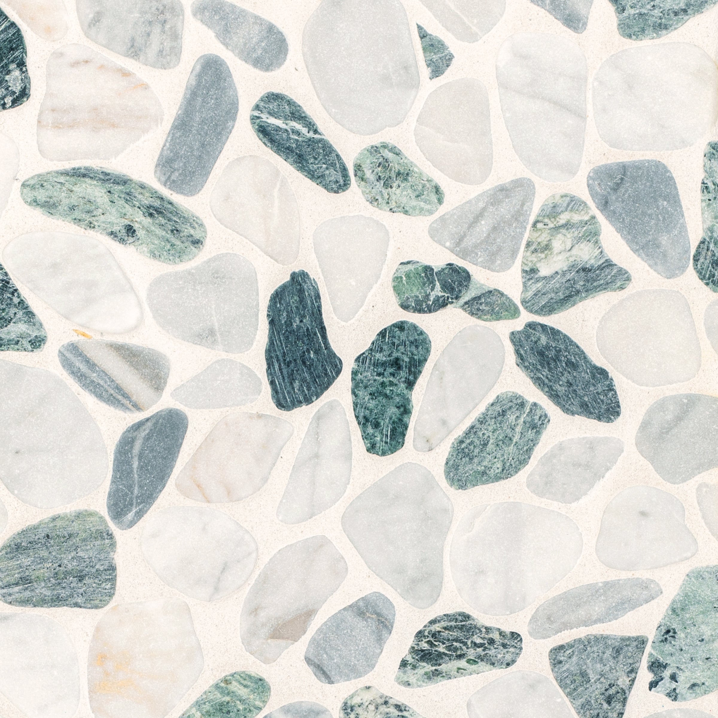 Carrara, Verde, Bardiglio Tumbled Pebble Mosaic with smooth white, gray, and green stone pebbles from Tumbled Pebble Mosaics Stone New Arrivals