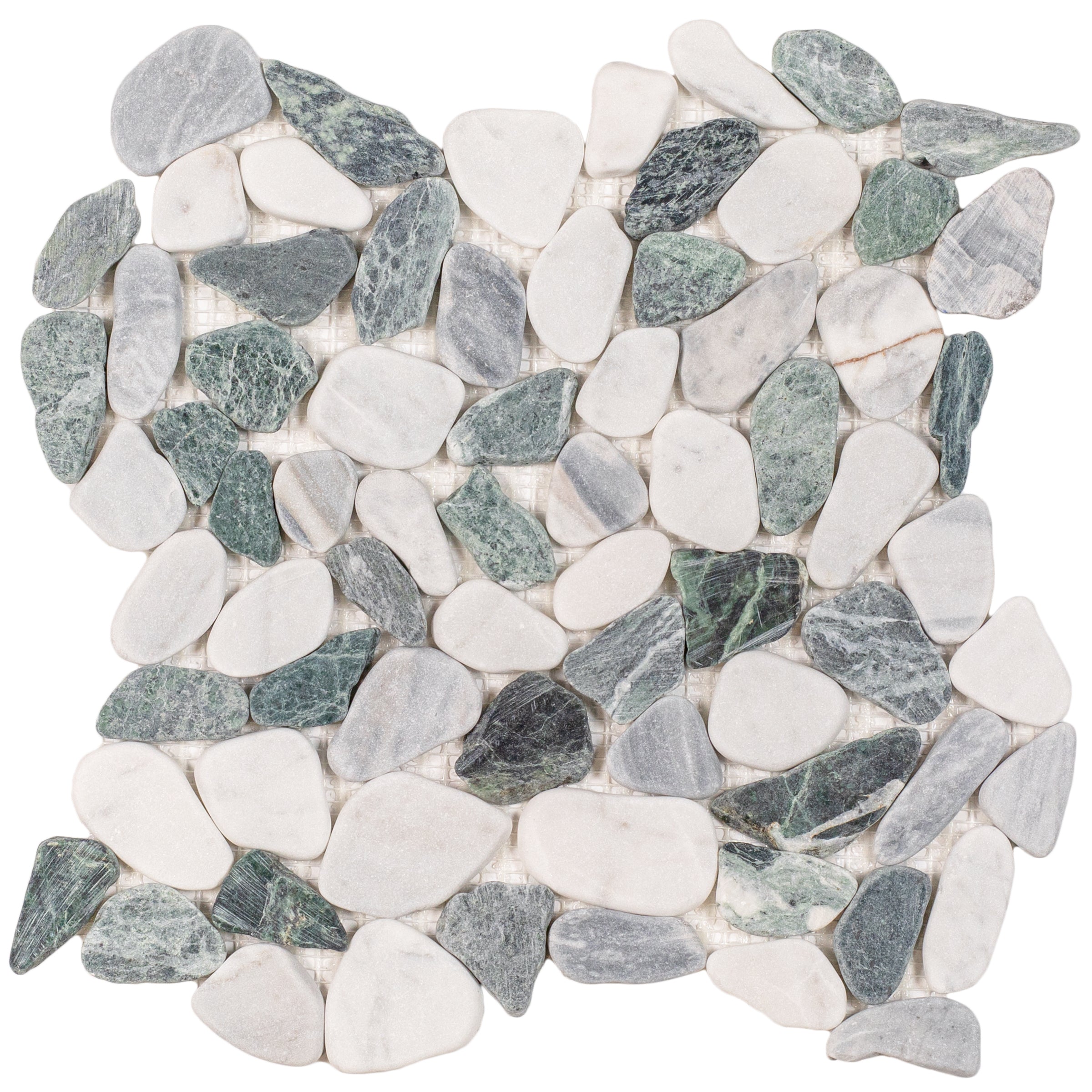 Carrara, Verde, Bardiglio Tumbled Pebble Mosaic with white, gray, and green stone from Tumbled Pebble Mosaics New Arrivals Stone collection