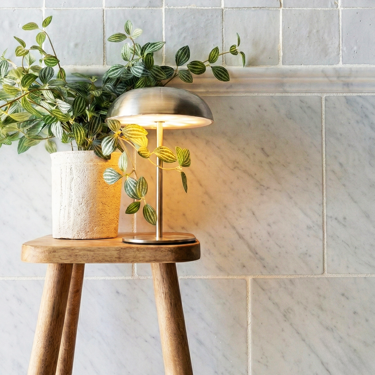 Softly lit modern brass table lamp beside green leafy plant in textured white pot on wooden stool against marble tile wall