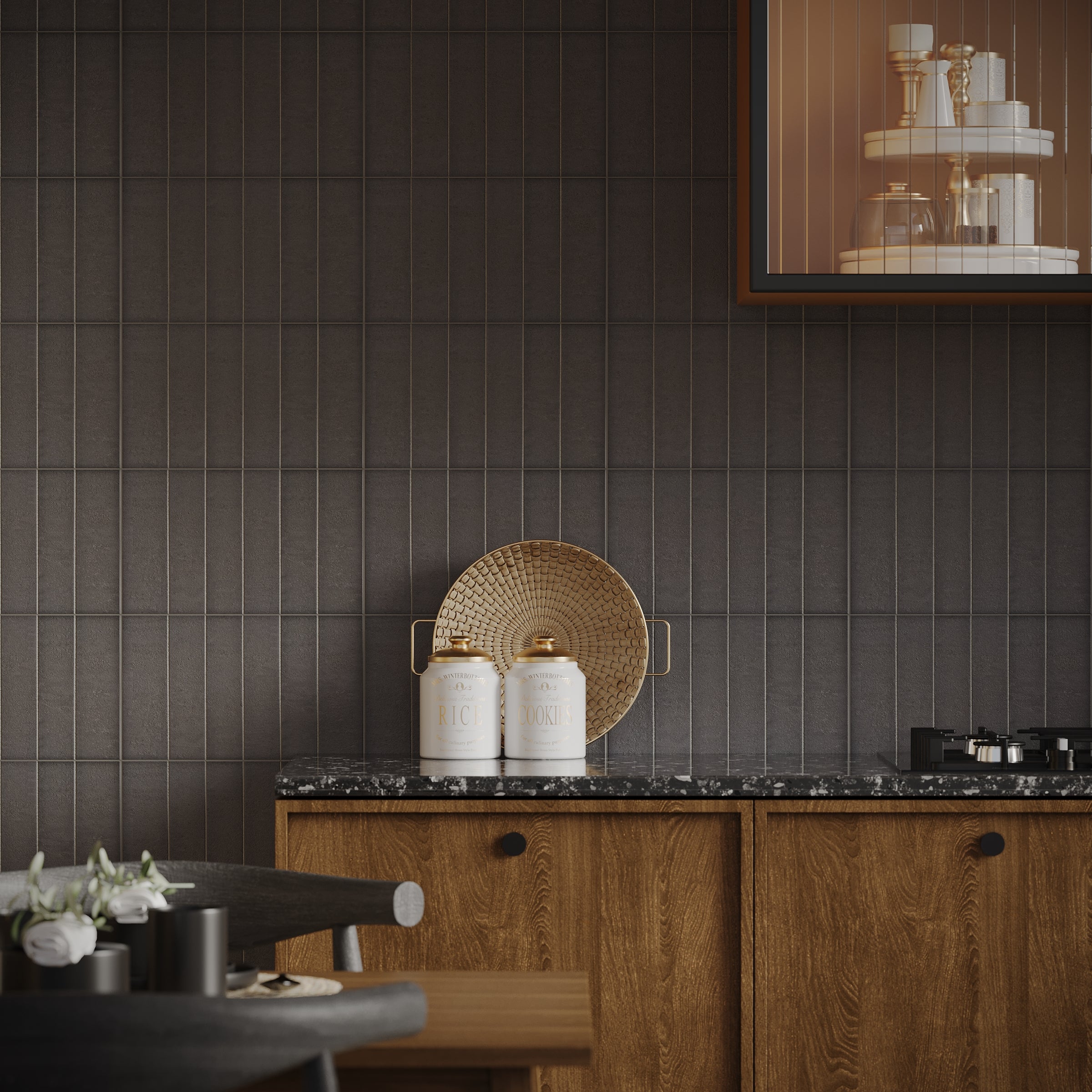 Charcoal Matte Porcelain Tile in black and gray in 2x8 subway format from Gaia Porcelain Tile and Small Format Tiles collections