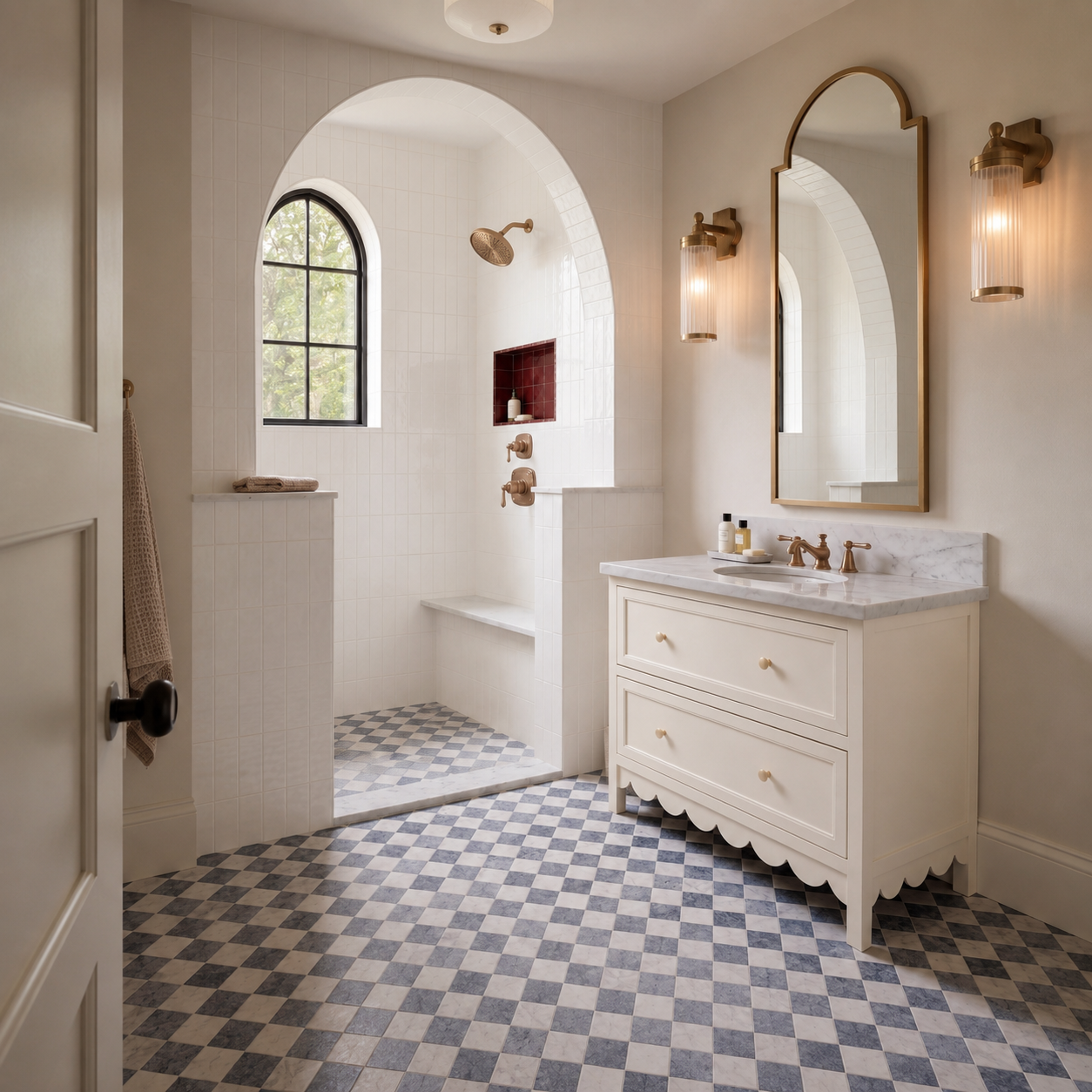 Bright bathroom with arched walk-in shower, checkered floor tiles, and vintage-style vanity with mirror and sconces.