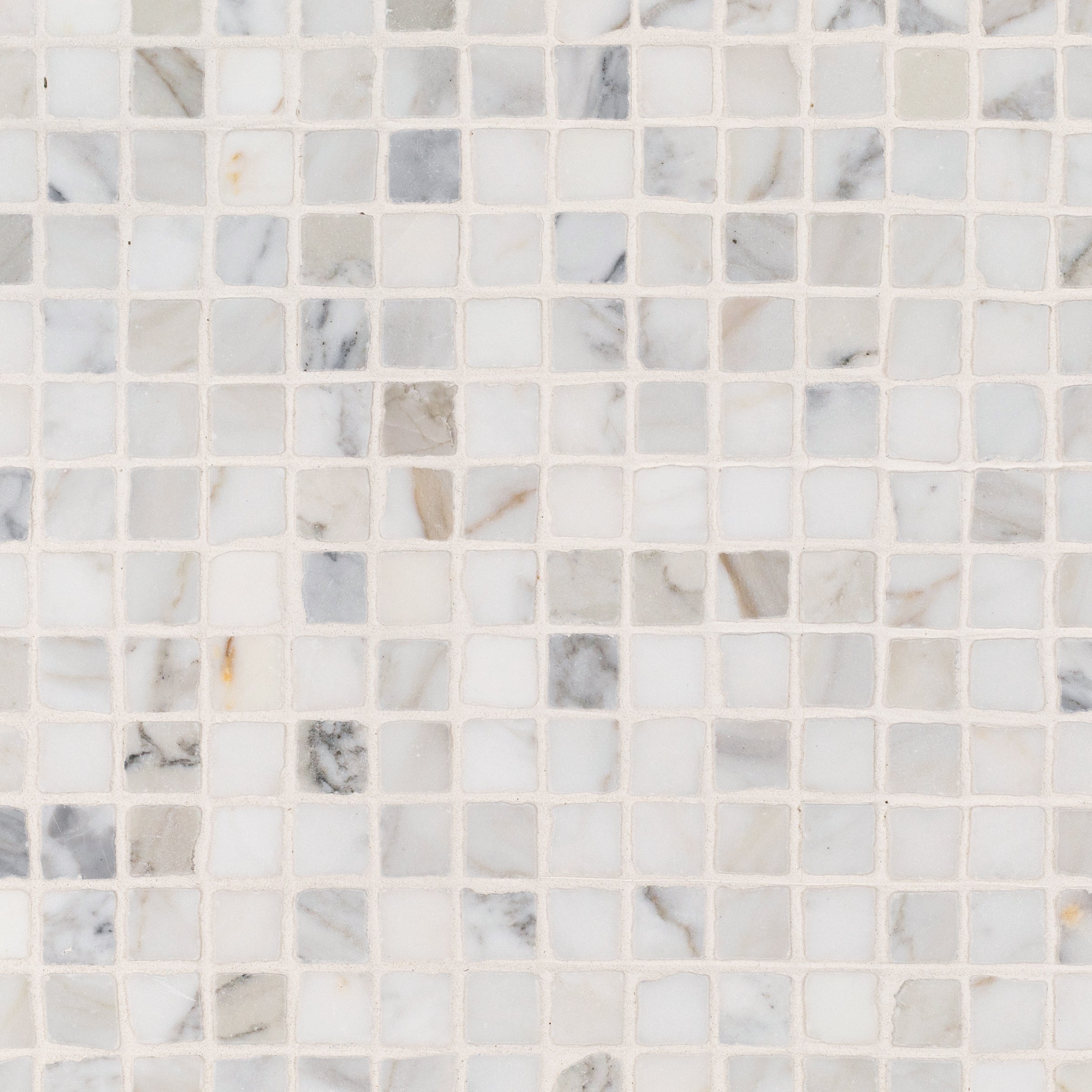 Calacatta 1x1 Hand Chipped Marble Mosaic in gray, white, and beige tones from Marble Tiles, Stone, GREY collections