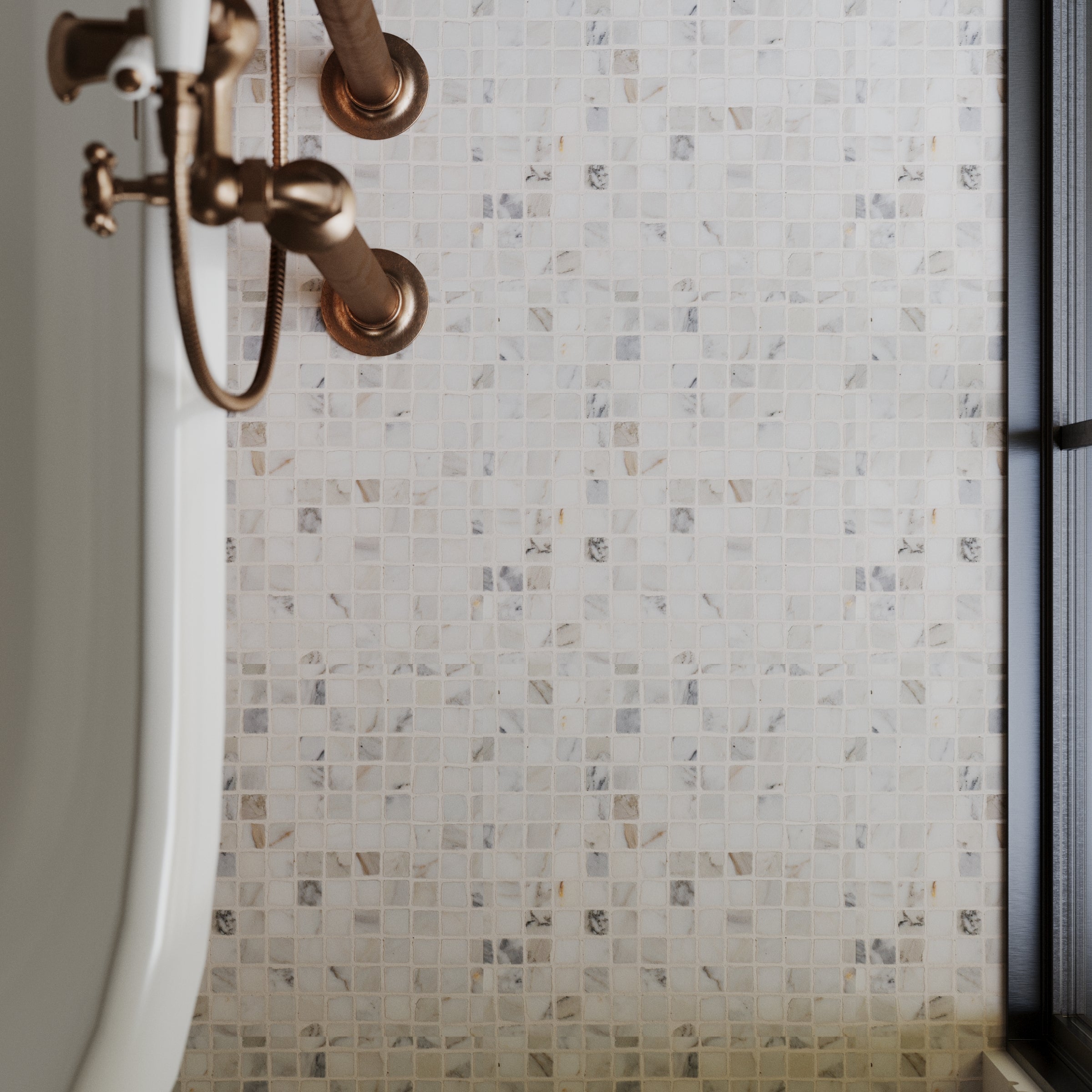 Calacatta 1x1 Hand Chipped Marble Mosaic in gray, white, beige from Marble Tiles, Stone, New Arrivals, GREY collections