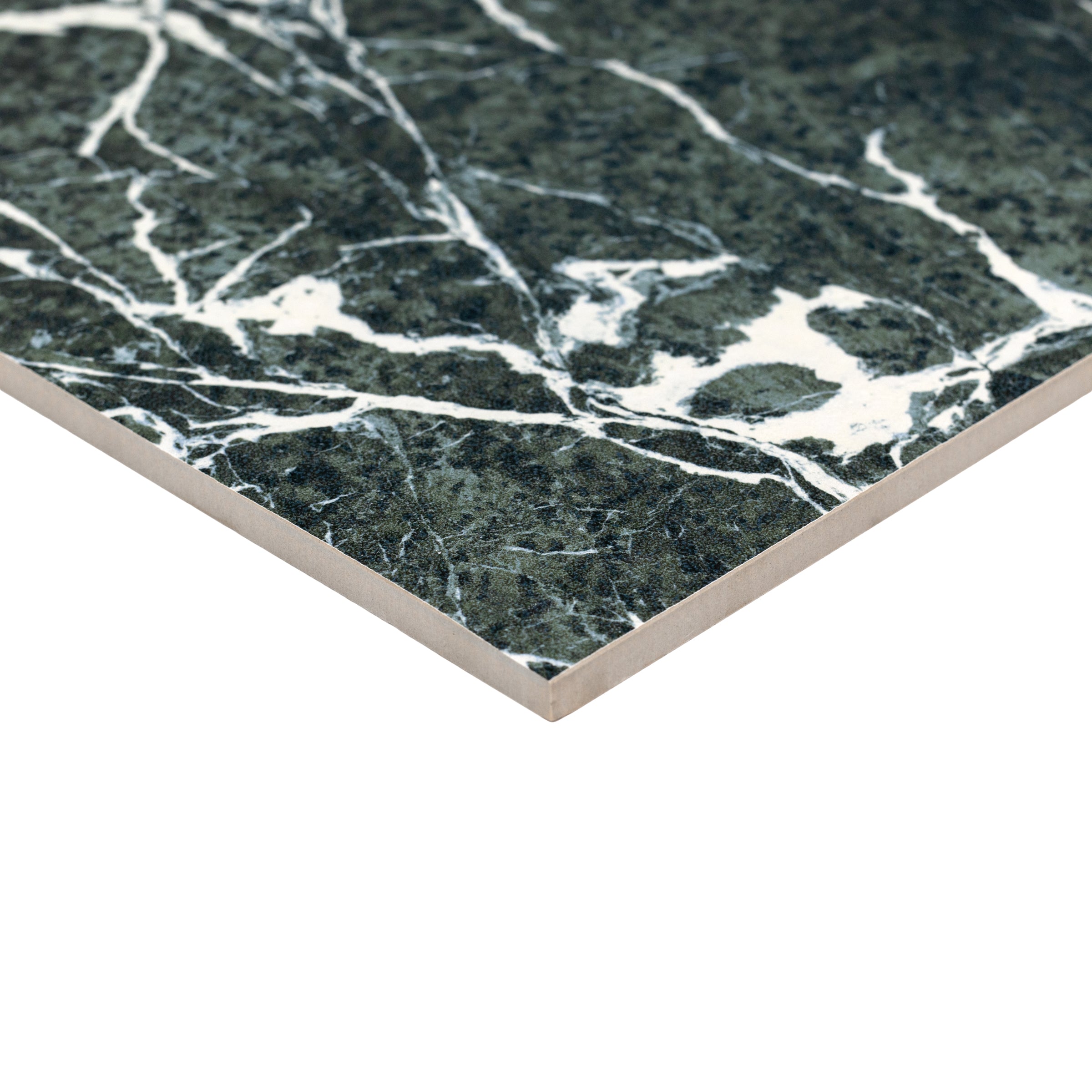 Verdi Alpi Matte Marble Look Porcelain Tile Sample showing dark green porcelain tile with white veining from Porcelain SAMPLES ONLY collection