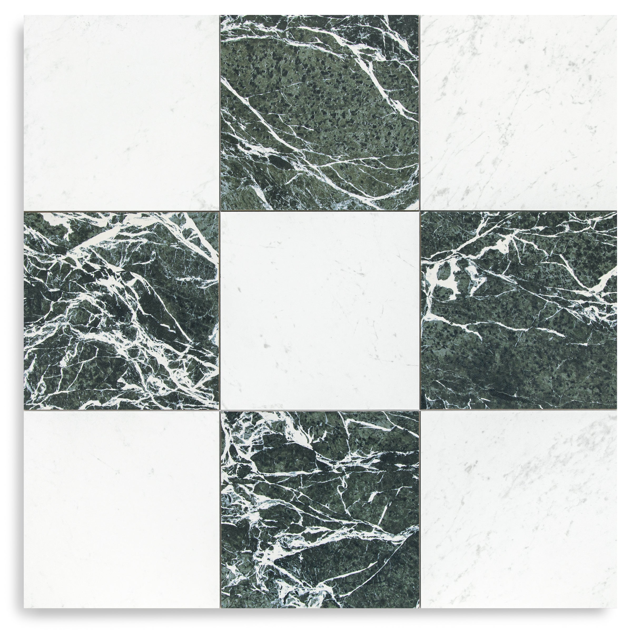 Classico Matte Marble Look Porcelain Checkerboard in green, white, and black tones from Large Format Tiles and Marble Editions Porcelain Tile collections