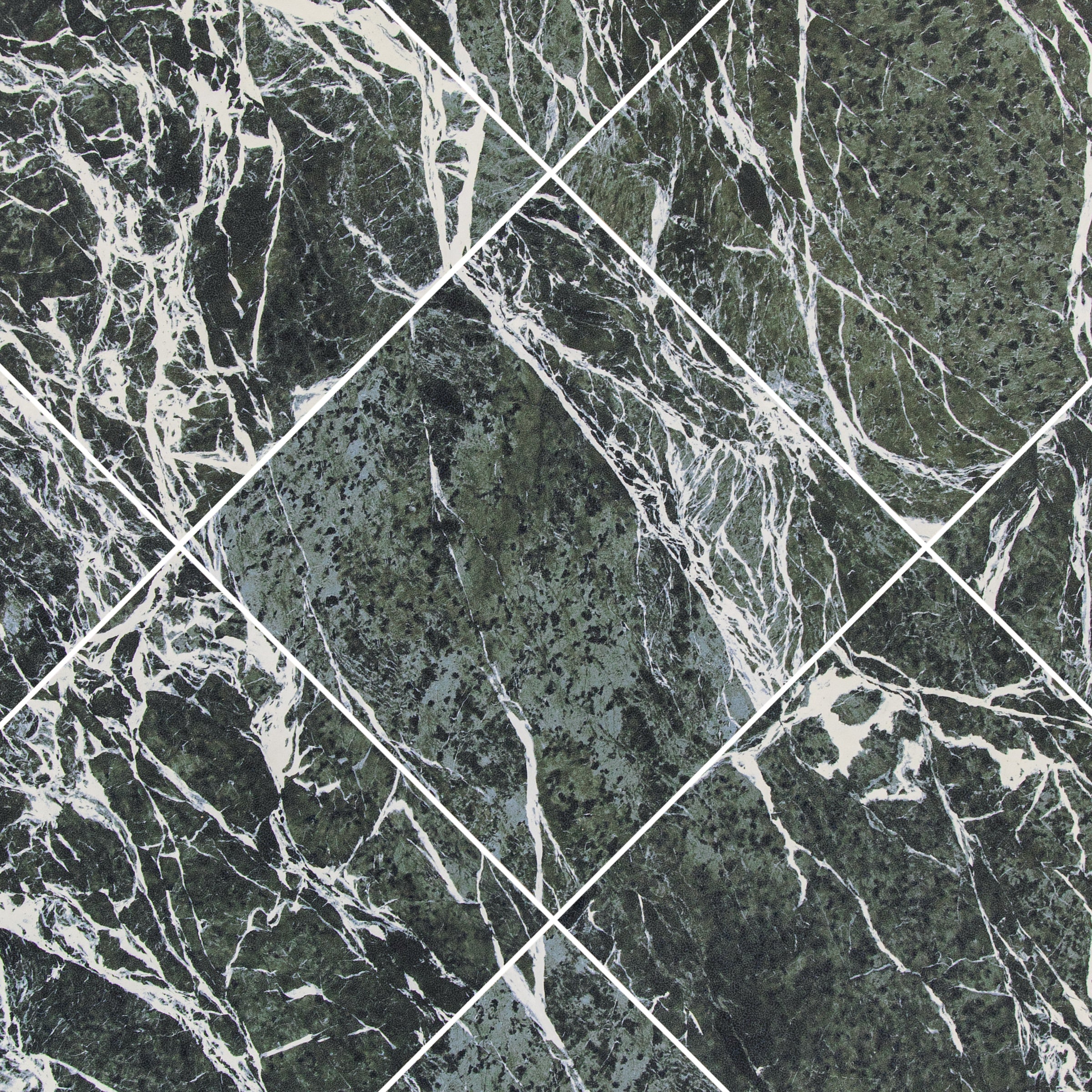 Dark green ceramic tiles with intricate white marble-like veining arranged in a diagonal pattern on grout lines
