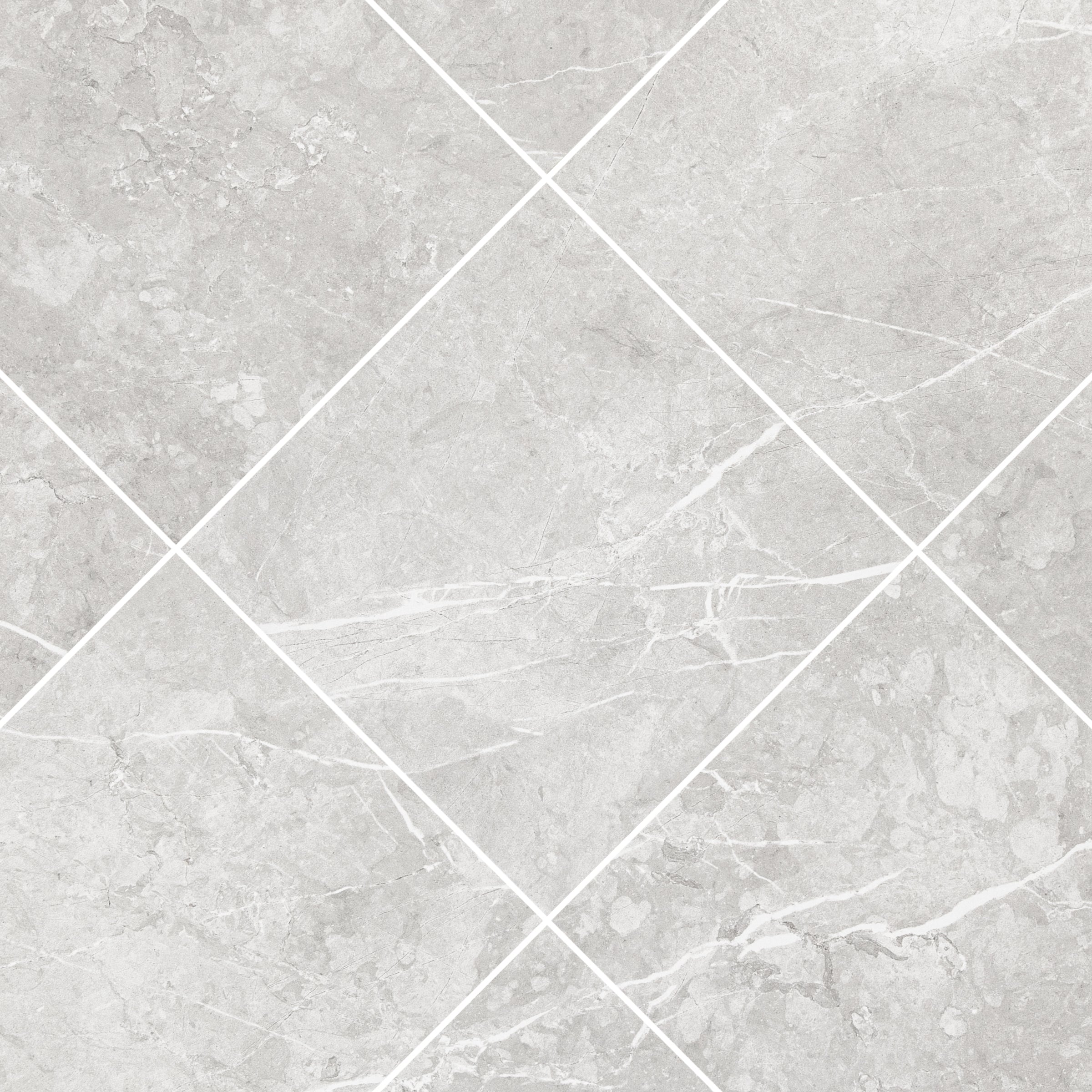 Light gray porcelain tile surface with subtle white veining and natural stone-inspired texture arranged diagonally