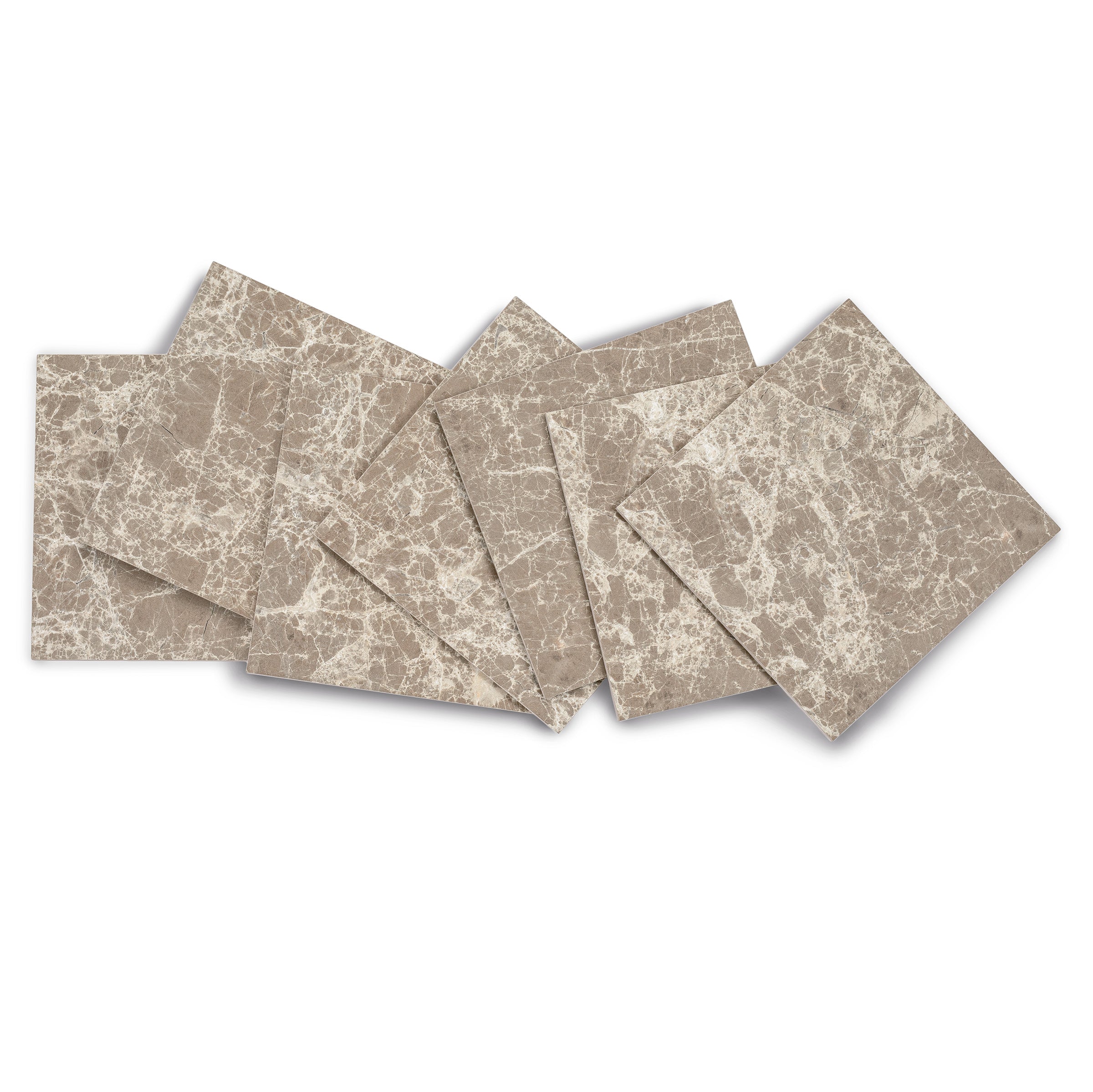 Seven square porcelain tiles in warm beige with intricate white marble-like veining arranged overlapping on white background