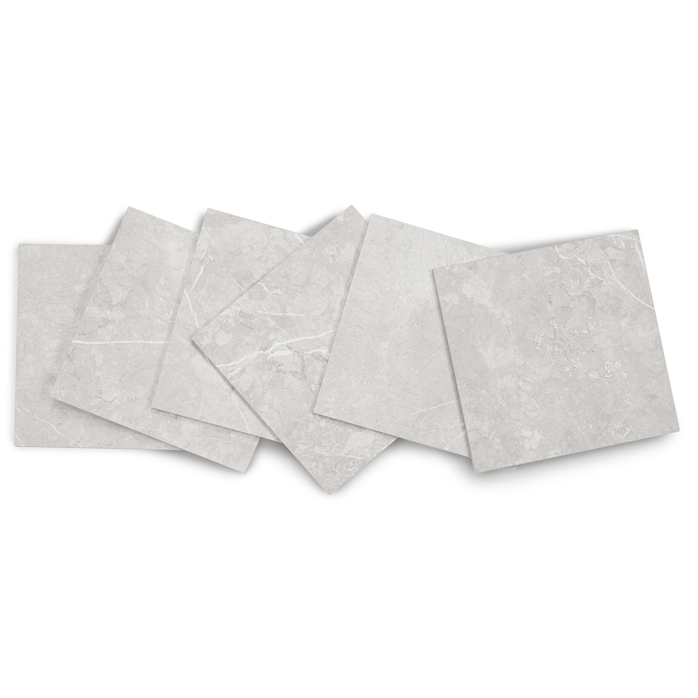 Seven overlapping square porcelain tiles in light gray with subtle natural stone texture on white background