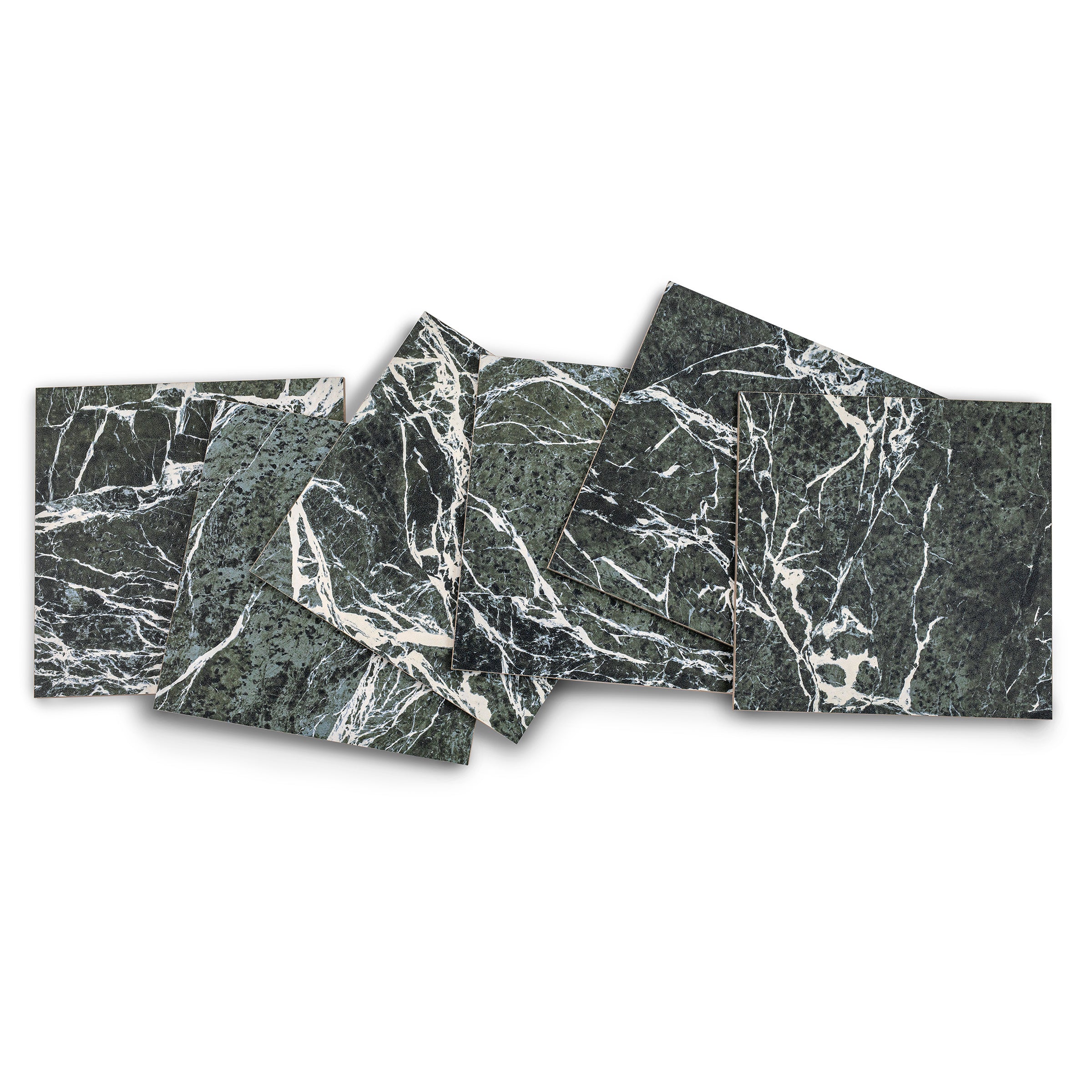 Five overlapping dark green ceramic tiles with bold white marble-like veining on a white background