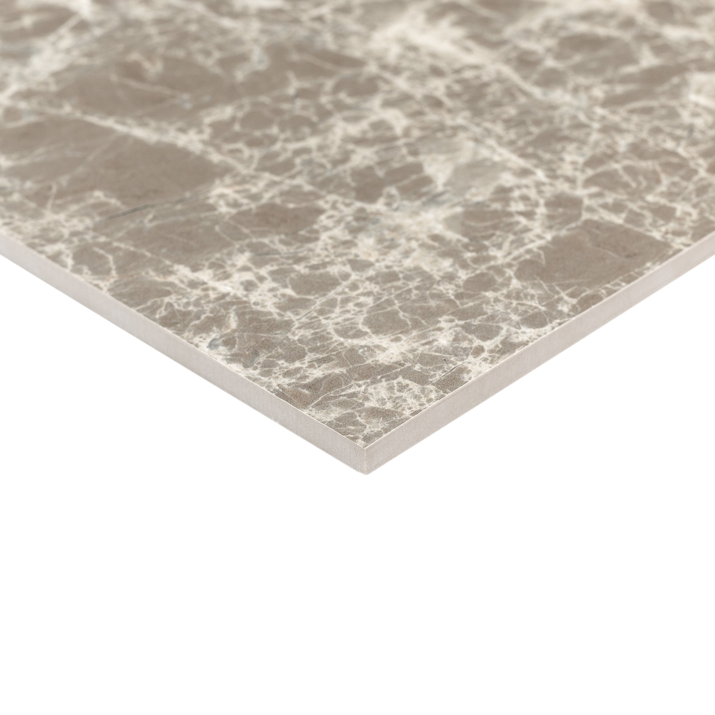 Close-up of a single ceramic tile with warm taupe and white marble-inspired veining on a white background