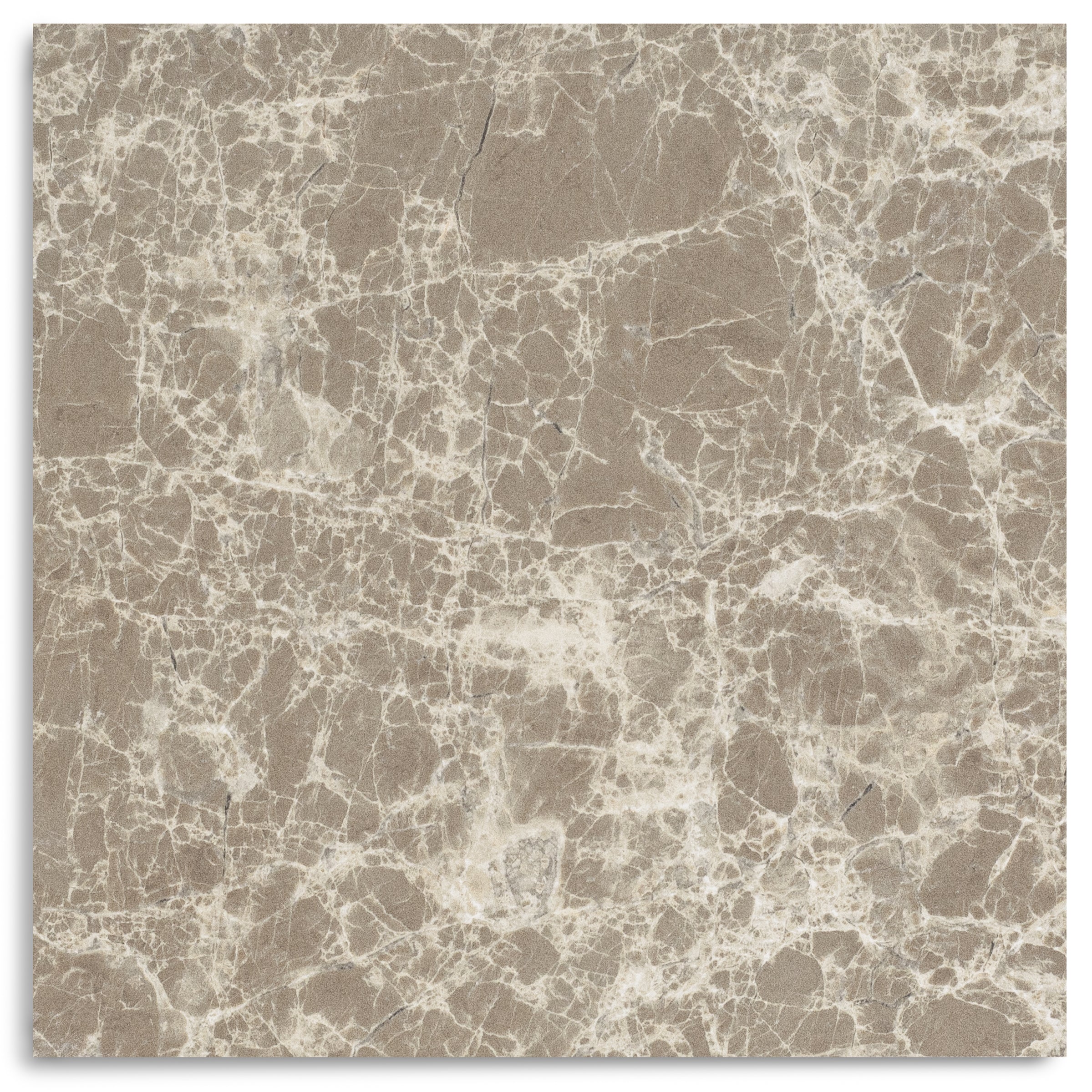 Square porcelain tile in warm taupe with dense white marble-like veining for refined flooring or wall decor