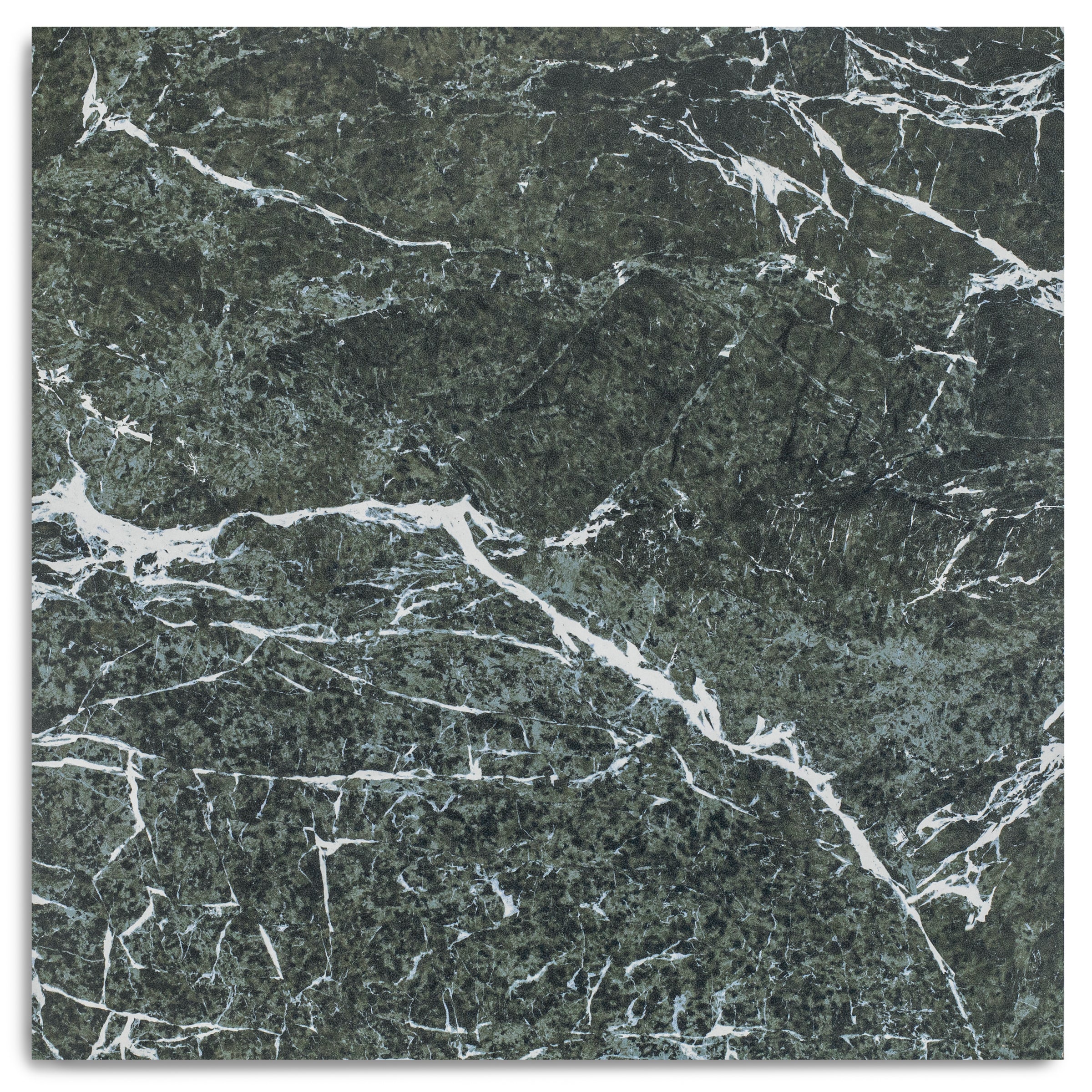 Square ceramic tile in deep forest green with intricate white marble-like veining and a natural stone texture