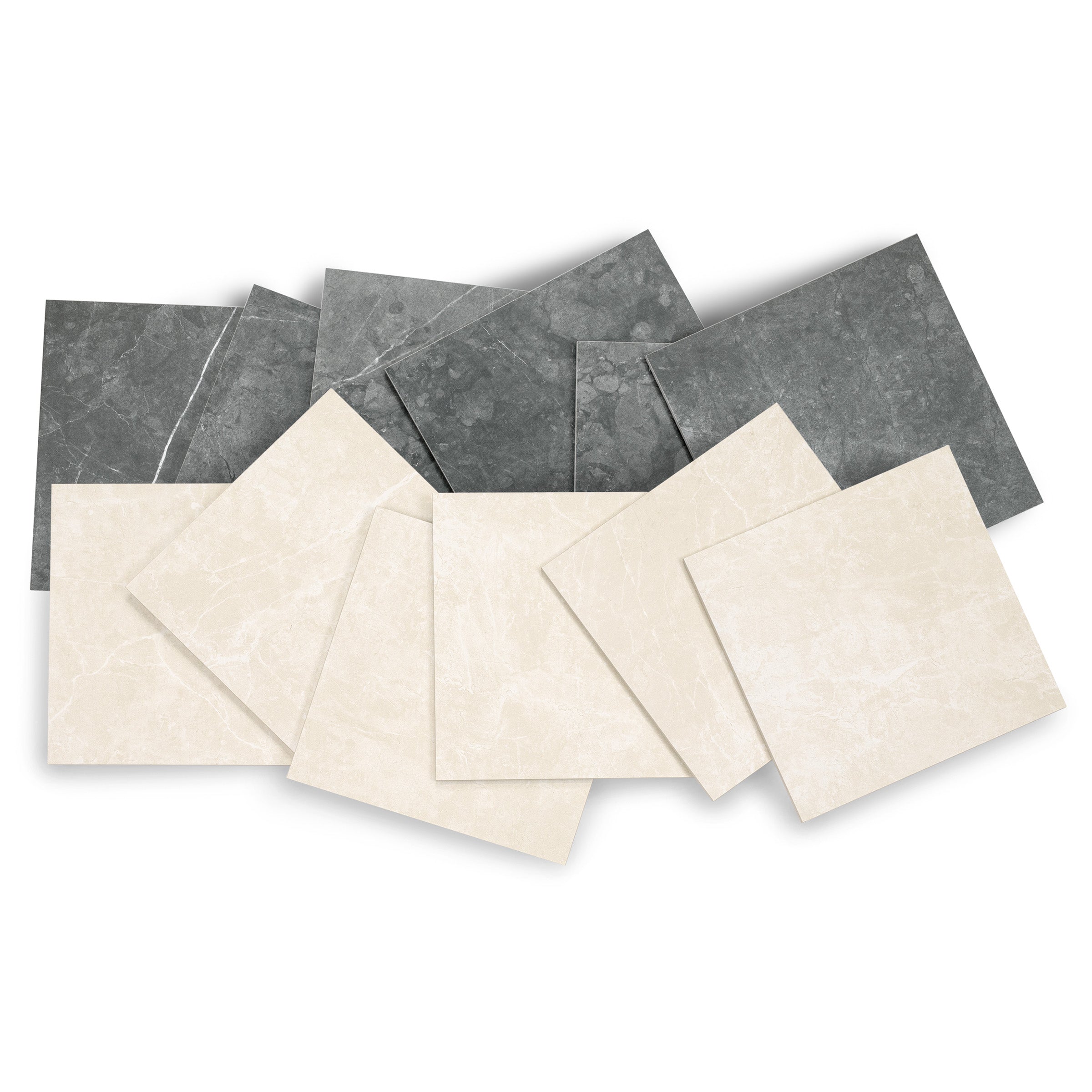 Assortment of square ceramic tiles in matte charcoal gray and soft creamy beige with subtle stone texture