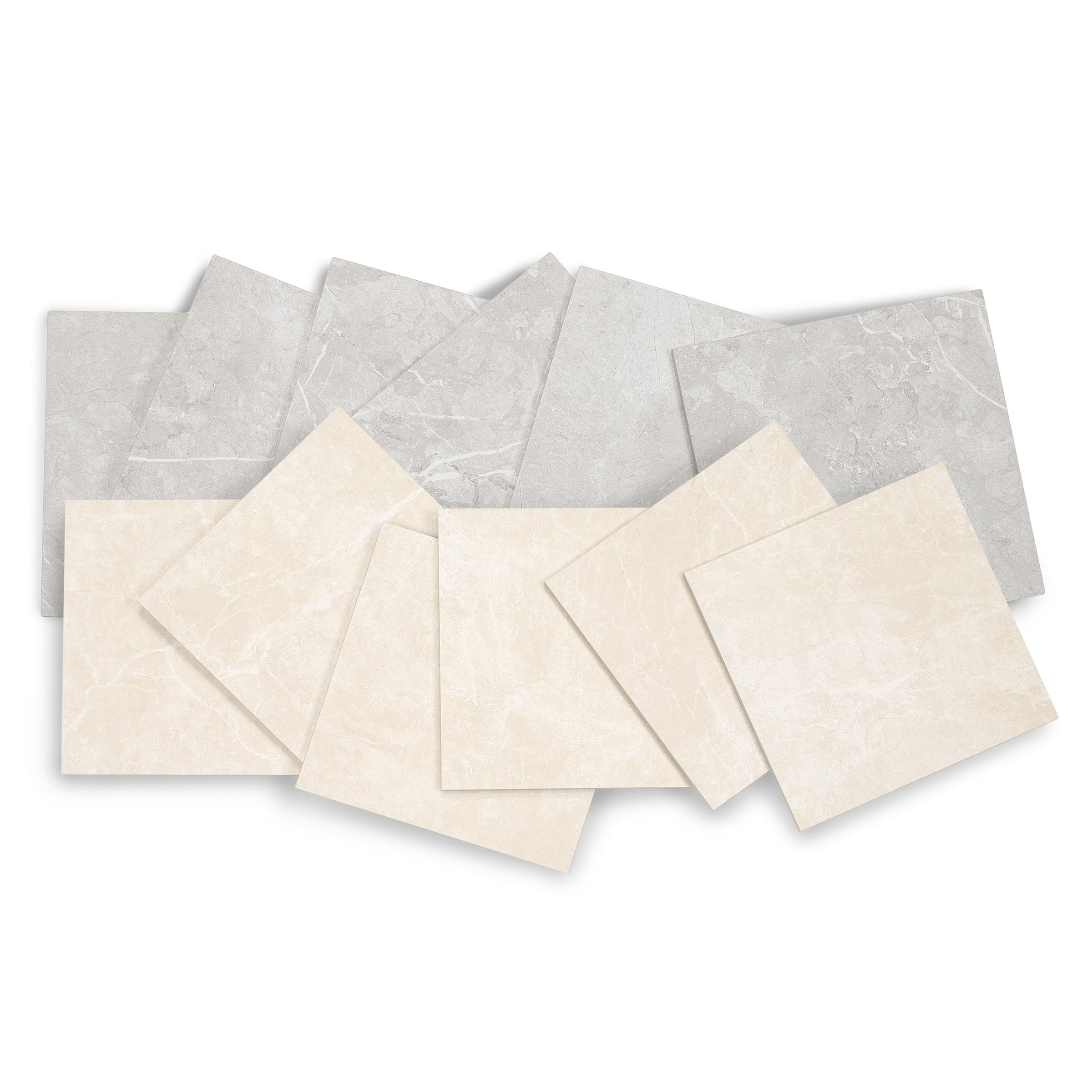 Assortment of square ceramic tiles in soft gray and warm beige tones with subtle stone-like textures