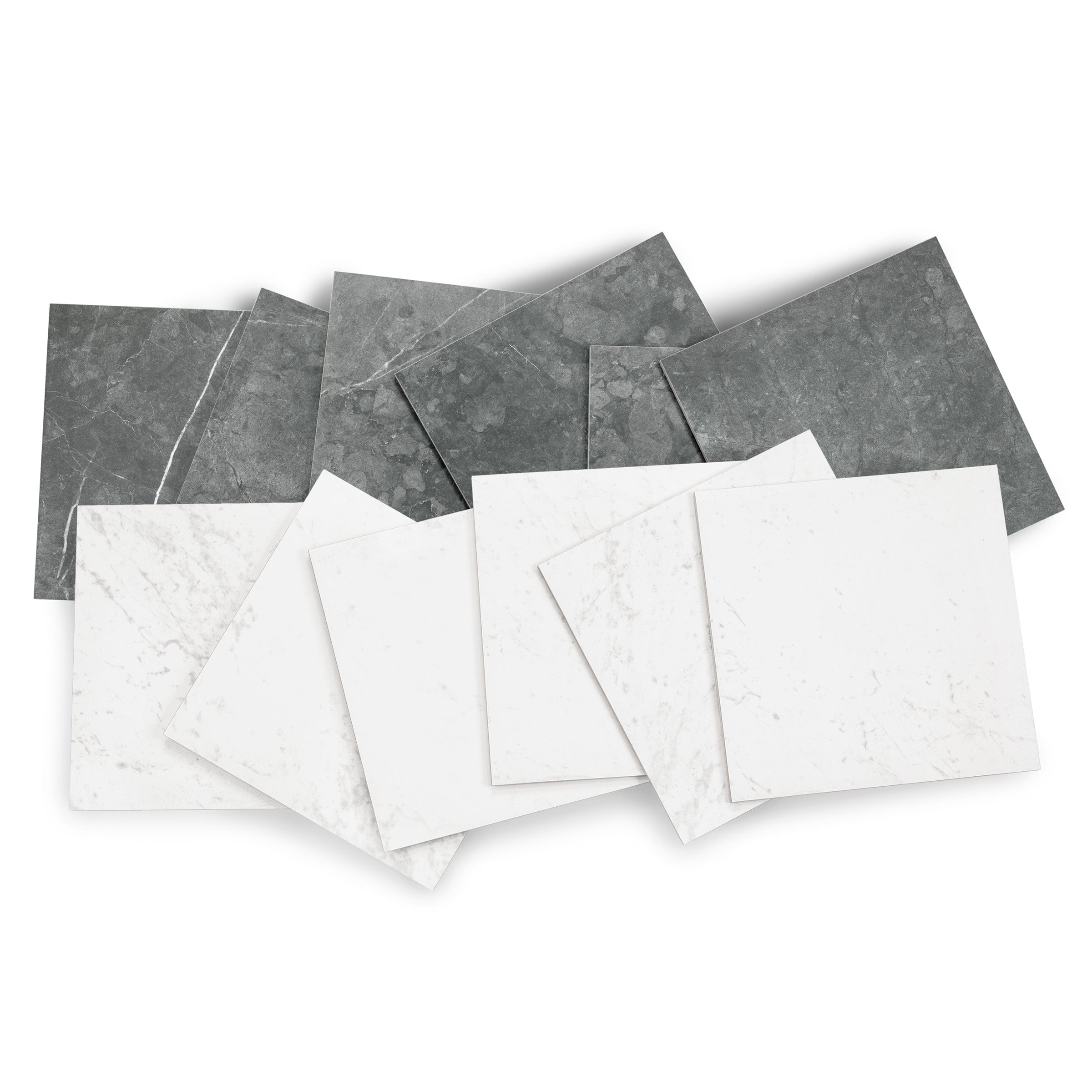 Stack of square ceramic tiles in white and dark gray marble patterns arranged on a white background