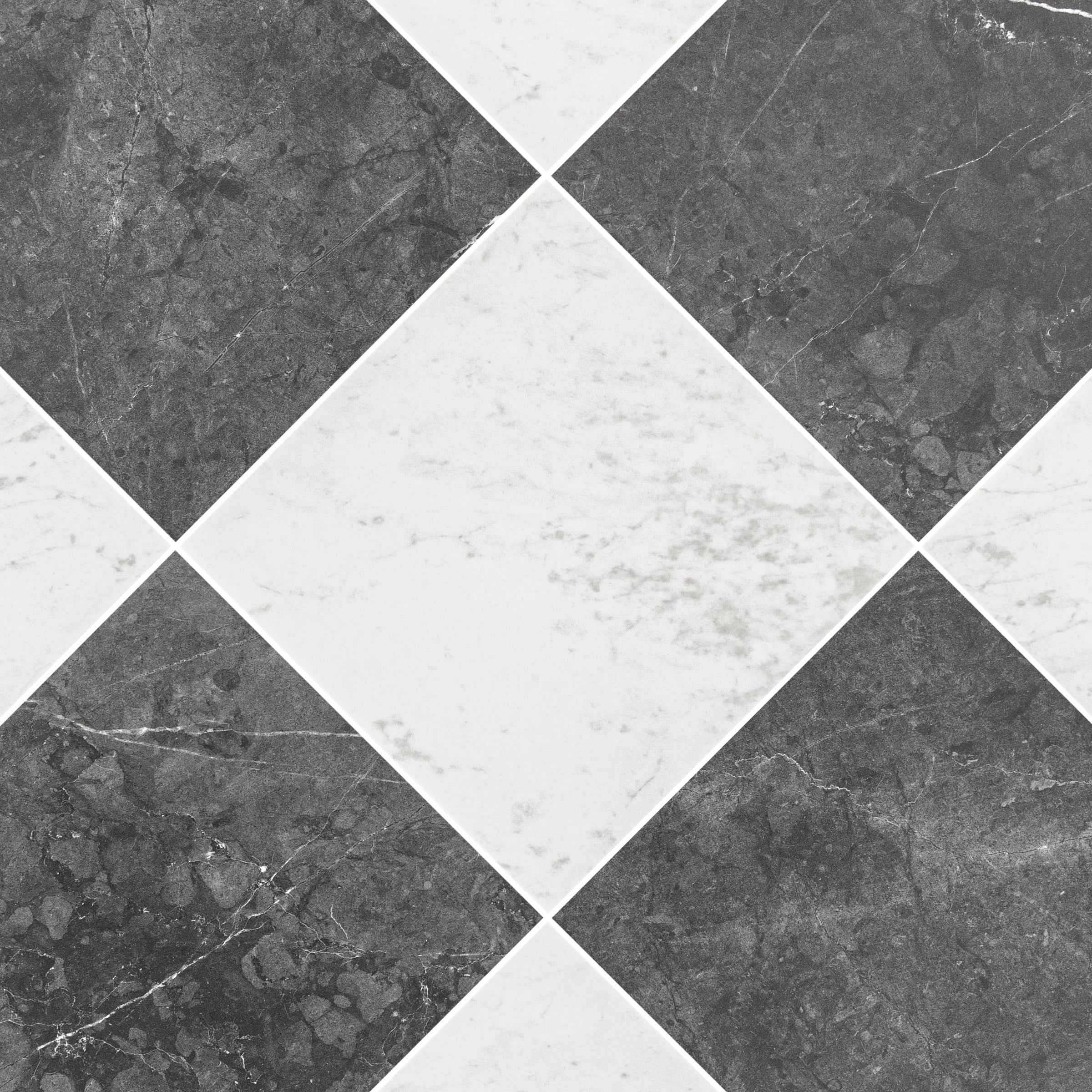 Checkerboard pattern of dark gray and white marble-effect porcelain tiles arranged diagonally