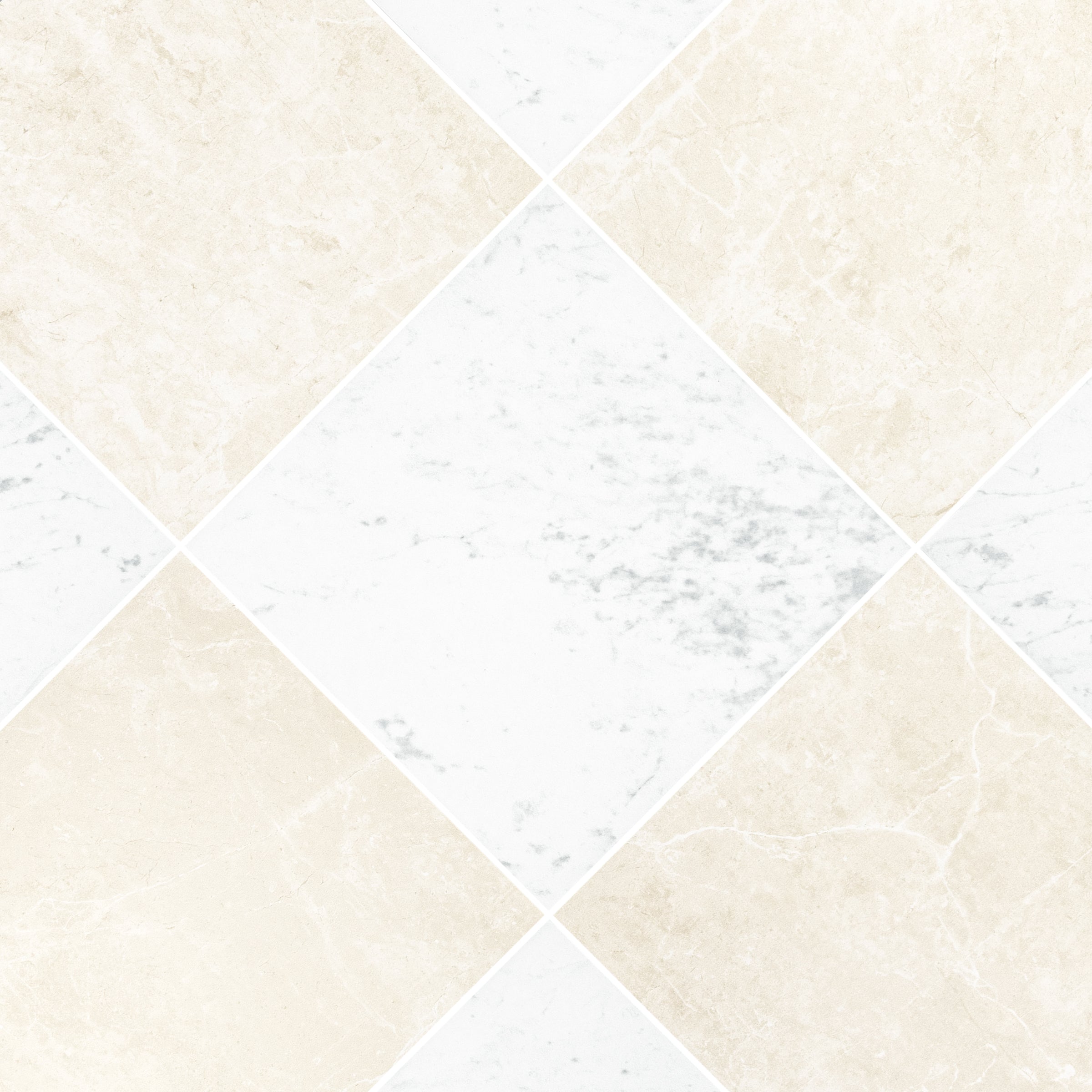 Diamond arrangement of ceramic tiles in creamy beige and white with subtle marble-like veining textures