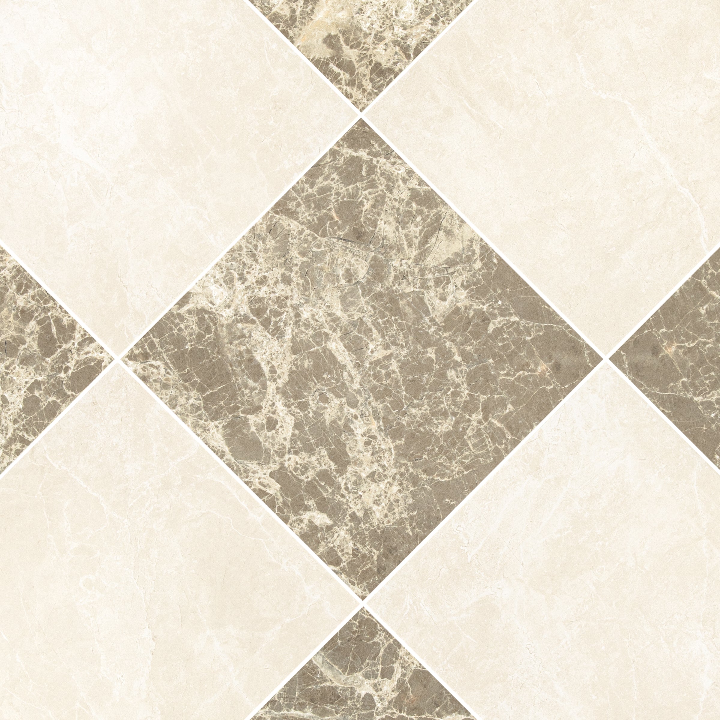 Checkerboard pattern of large square ceramic tiles with beige and brown marble textures alternating diagonally