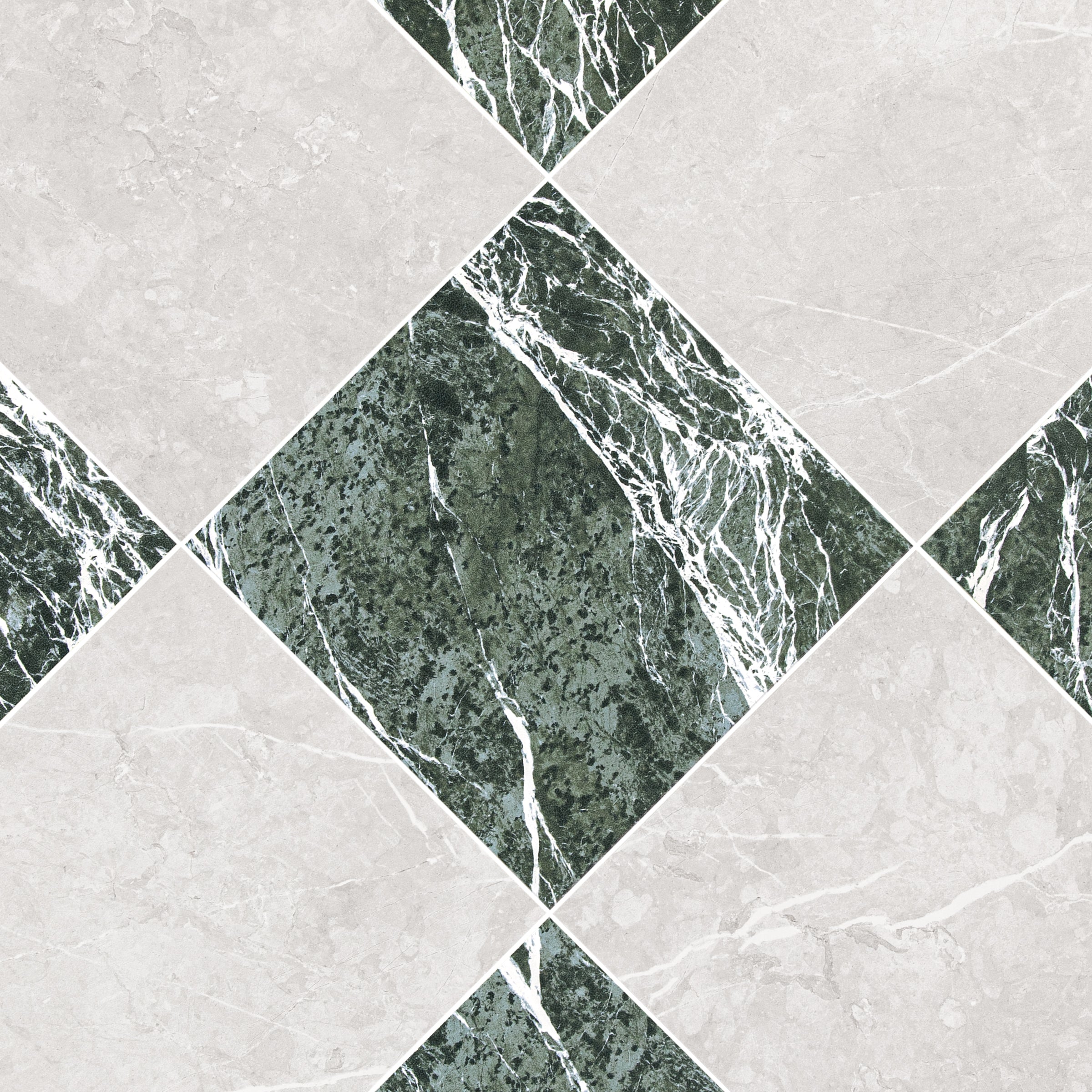 Checkerboard layout of alternating green marble and pale stone-look ceramic tiles with natural veining details