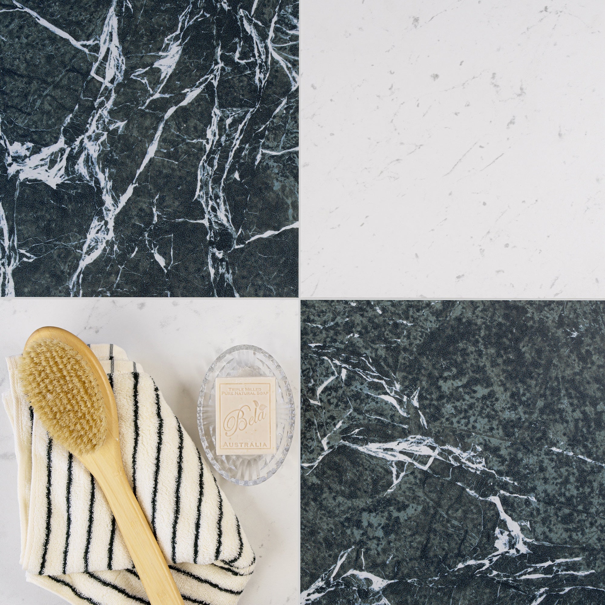 Four square matte tiles in dark green and white marble textures paired with bath accessories on a soft towel