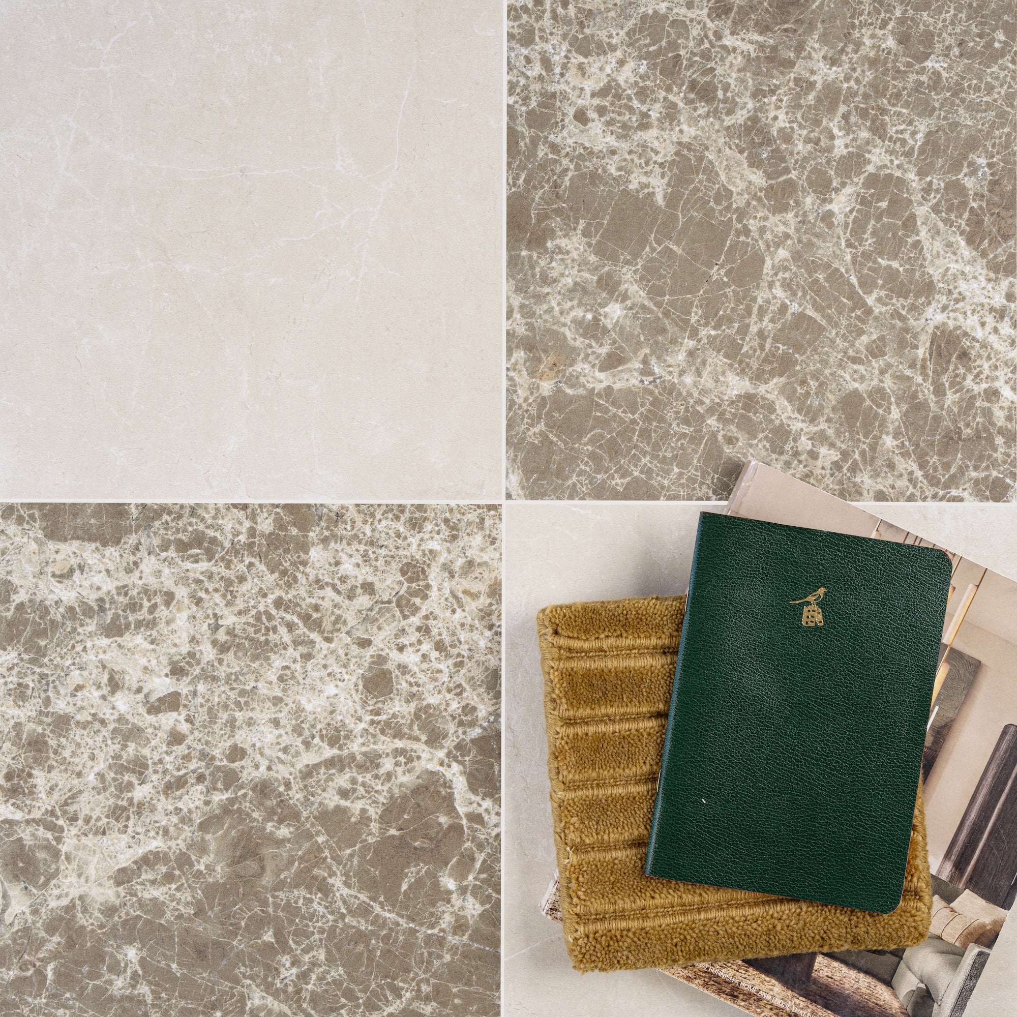 Four large ceramic tiles with beige and brown marble patterns beside a green notebook and textured fabric squares