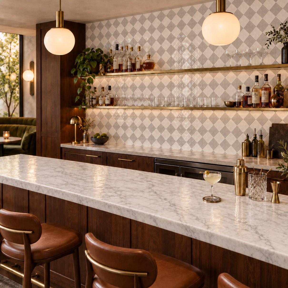 Warm modern home bar with diamond patterned tile backsplash, marble island, wood cabinetry, and pendant lights