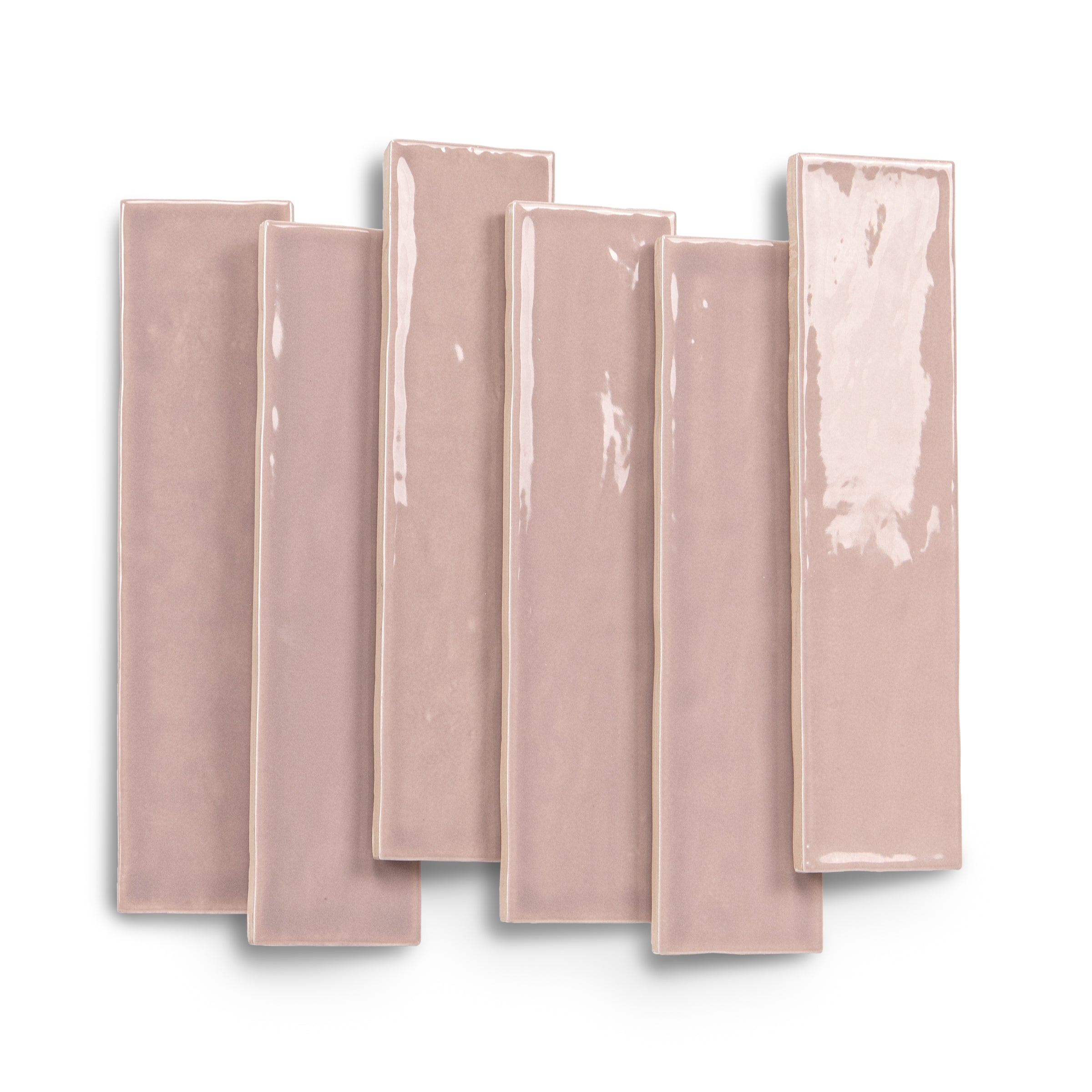 Glossy pink rectangular ceramic tiles arranged in an overlapping vertical pattern