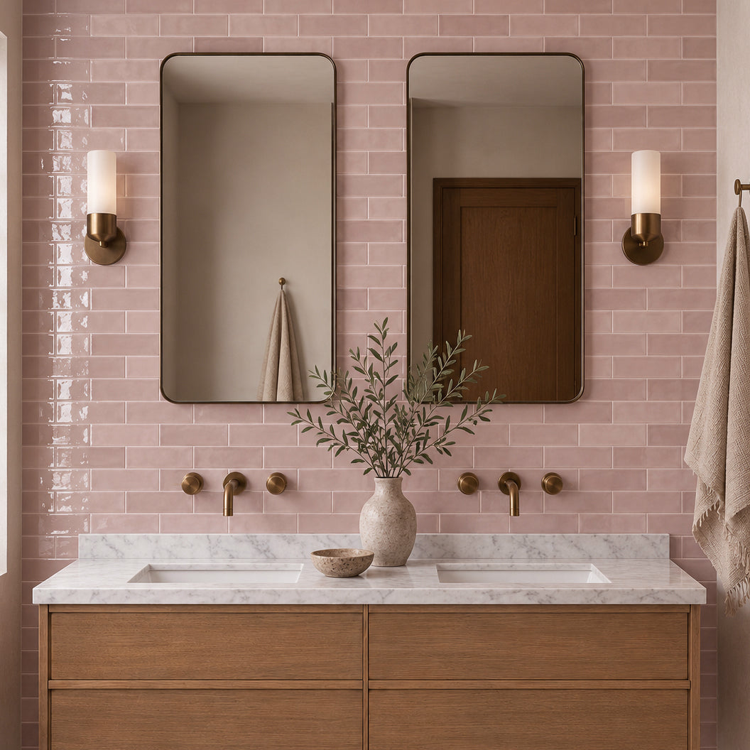 Double sink bathroom vanity with wood cabinetry marble countertop pink ceramic wall tiles and rounded mirrors