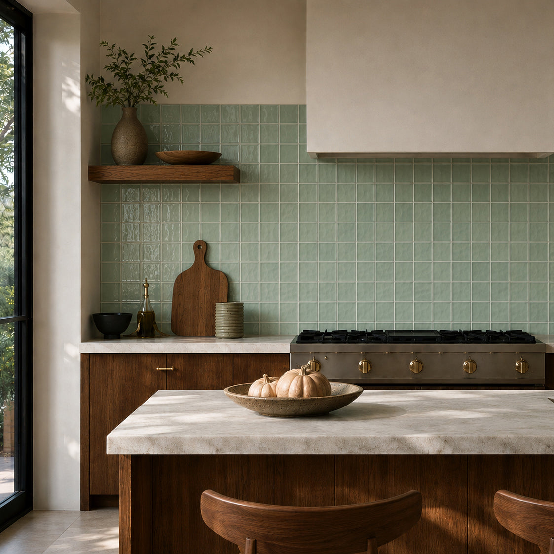 Warm kitchen with sage green square tile backsplash, dark wood cabinetry, stone island, and gas range
