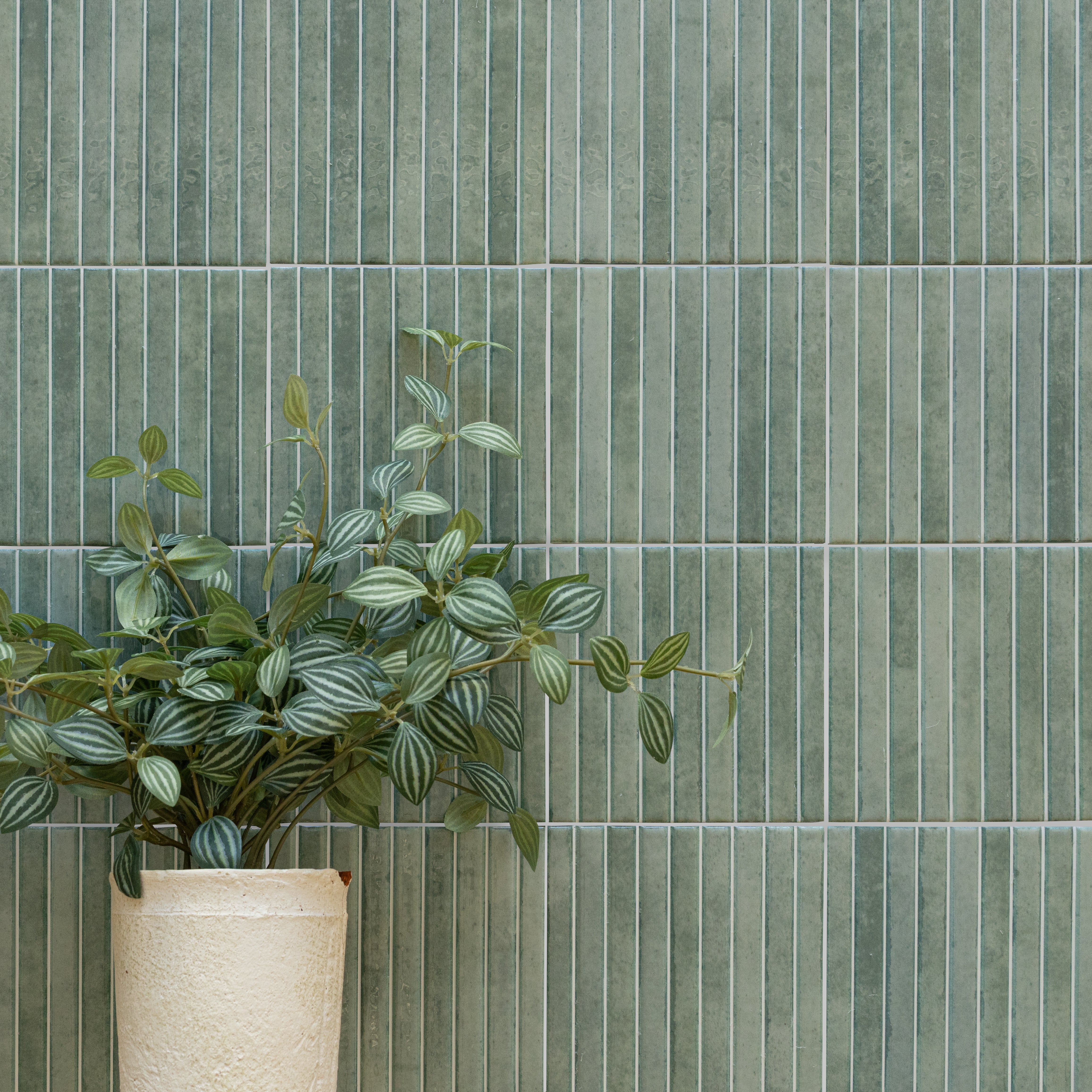 Vertical glossy ceramic tiles in muted olive green with subtle texture paired with a cream planter holding leafy green plants
