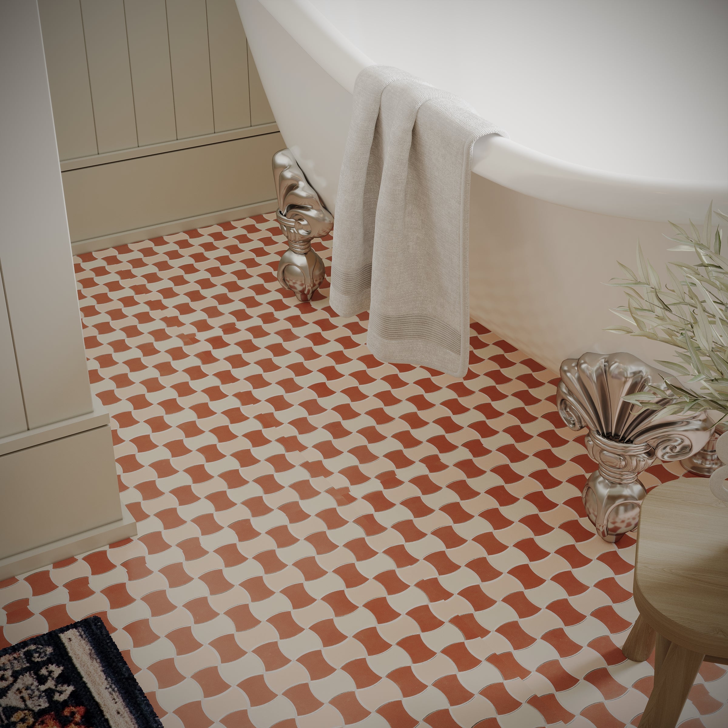 Cotto Cream Pink 12x12 Butterfly Porcelain Mosaic floor tile in terracotta, cream, and blush from Porcelain and Forma Porcelain Mosaics