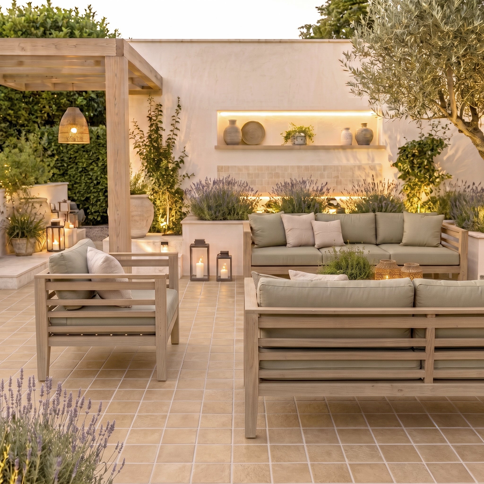 Outdoor patio with cushioned wooden seating, warm lighting, terracotta tile flooring, and greenery around the space
