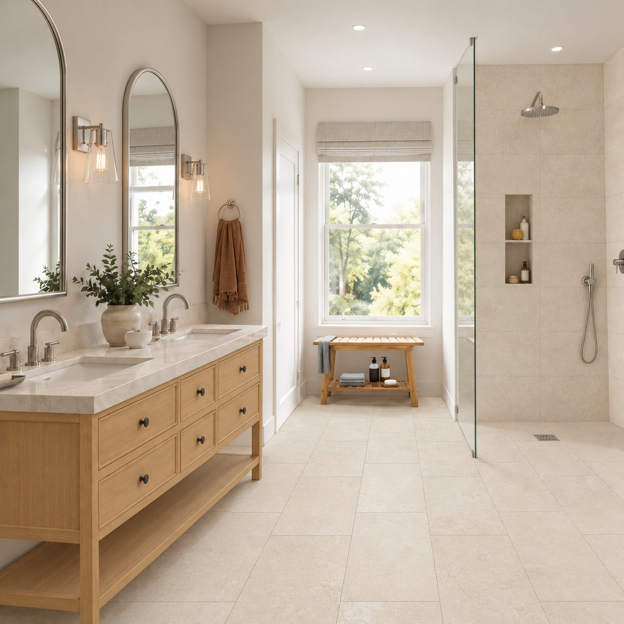Bright bathroom with wood vanity, double sinks, large format floor tiles, and glass walk in shower