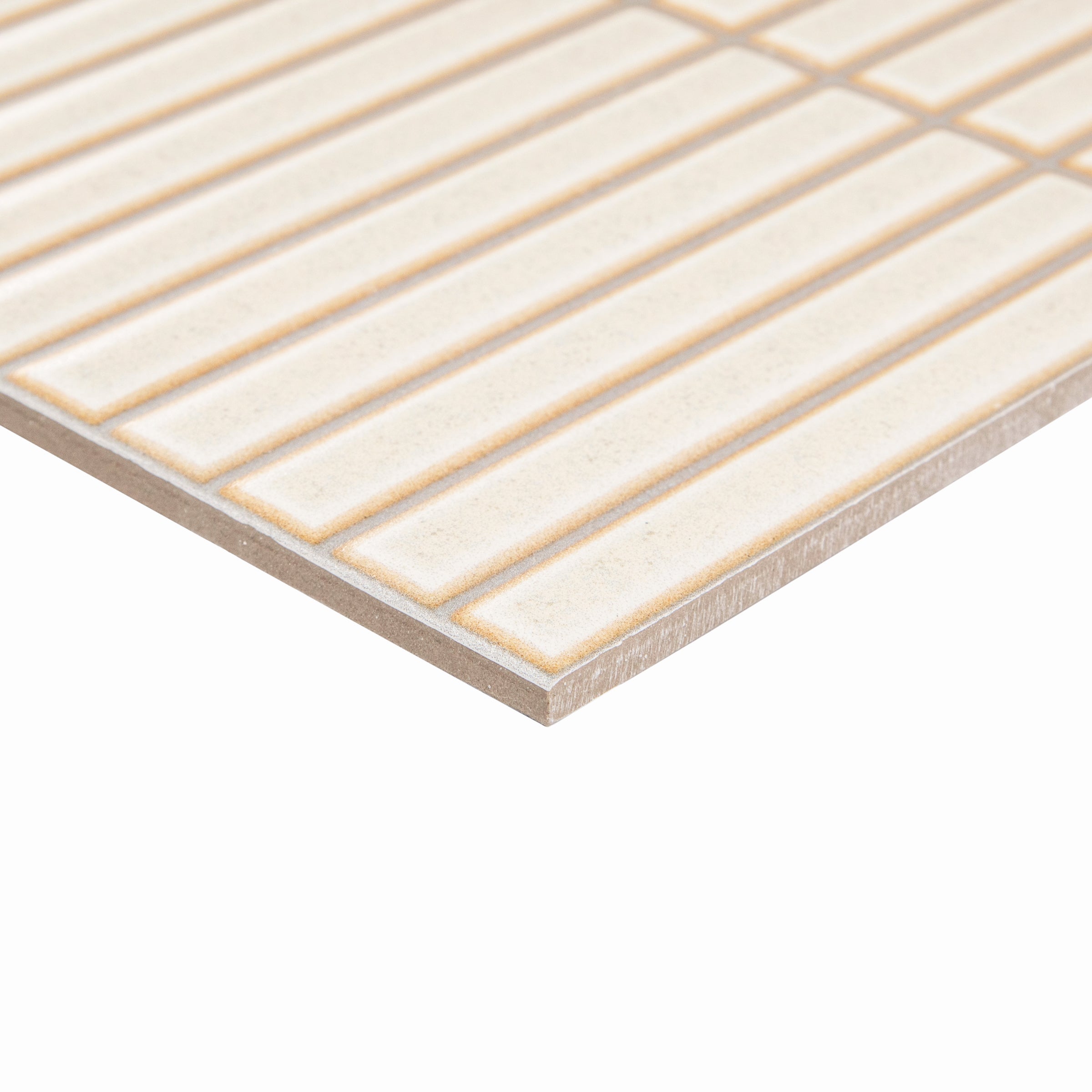 Close-up of a cream porcelain tile with narrow raised stripes and a smooth matte edge detail for creative flooring or walls