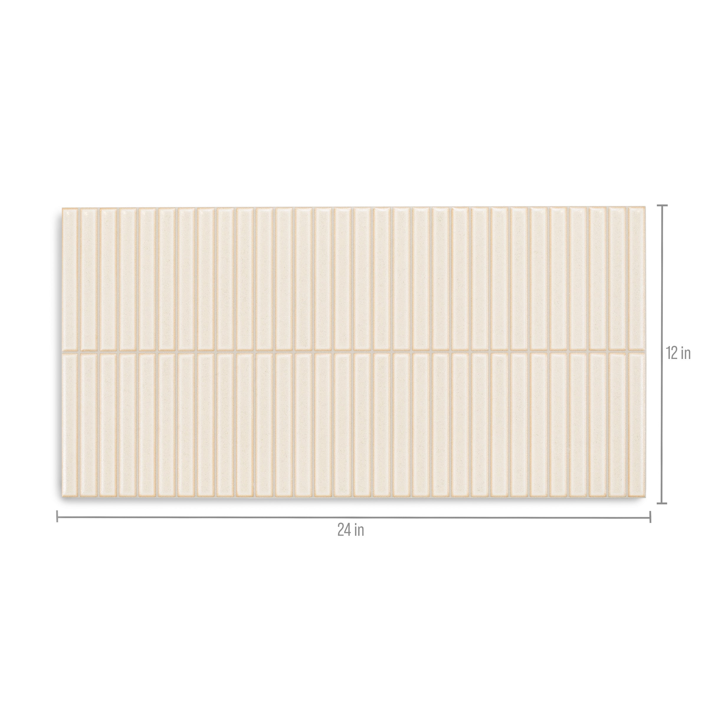 Rectangular cream-toned porcelain tile with vertical groove texture, sized approximately 12 by 24 inches.