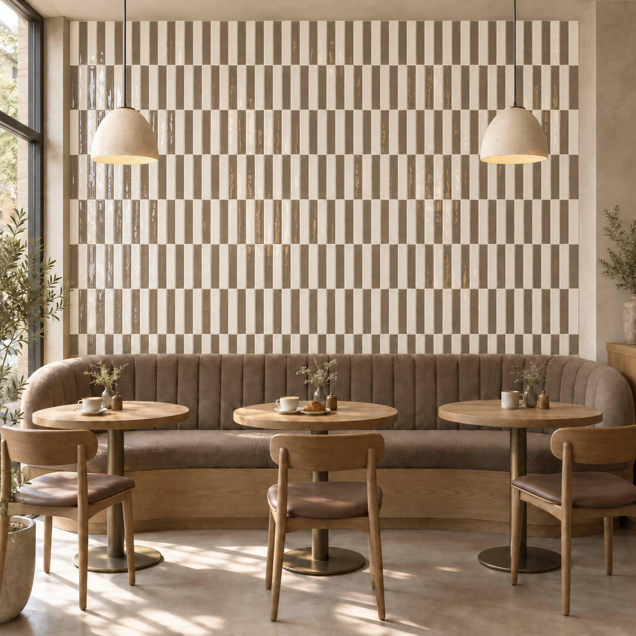 Modern restaurant interior with a geometric tiled feature wall, curved booth seating, wood tables, chairs, and pendant lights