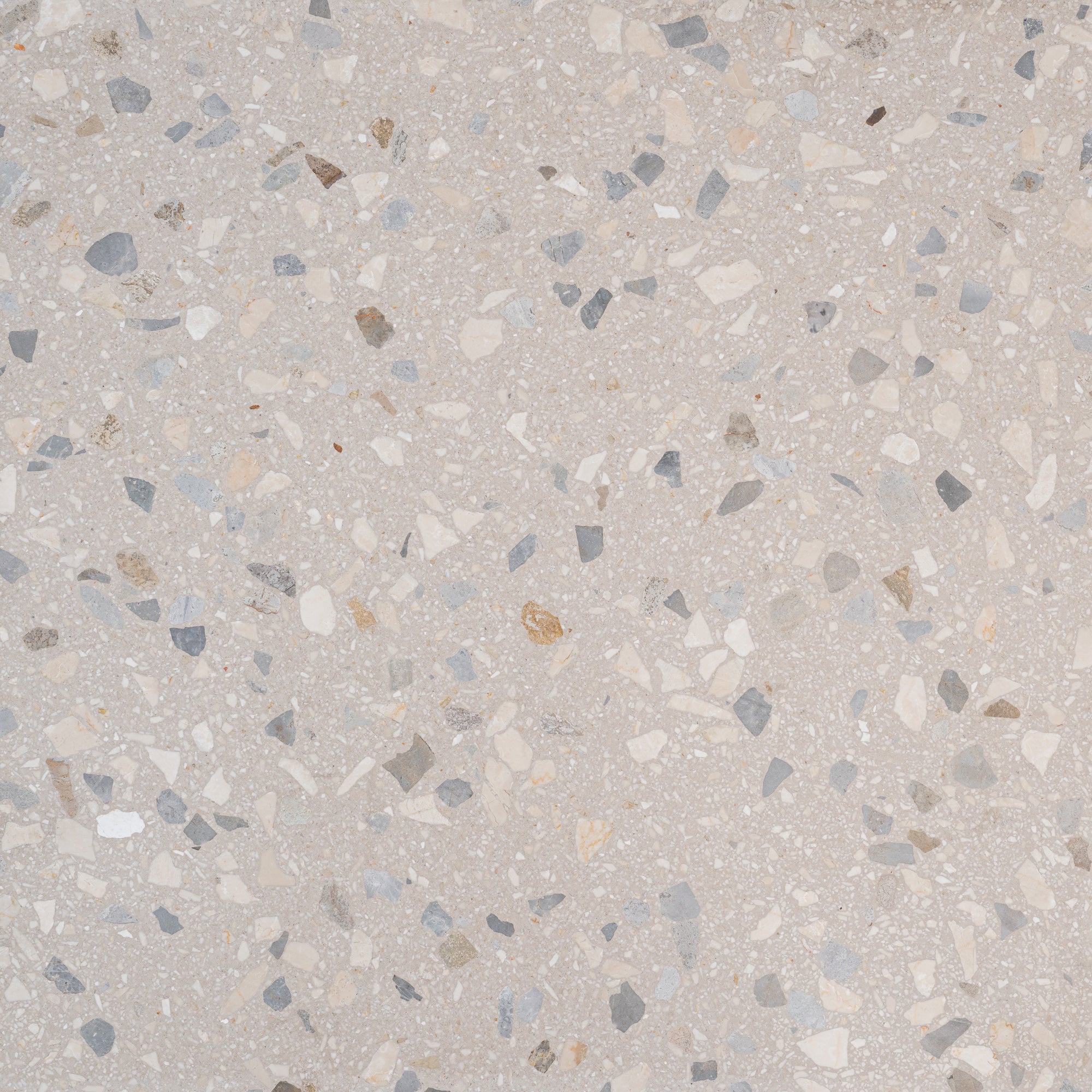 Light gray terrazzo tile with multicolored stone aggregate pattern