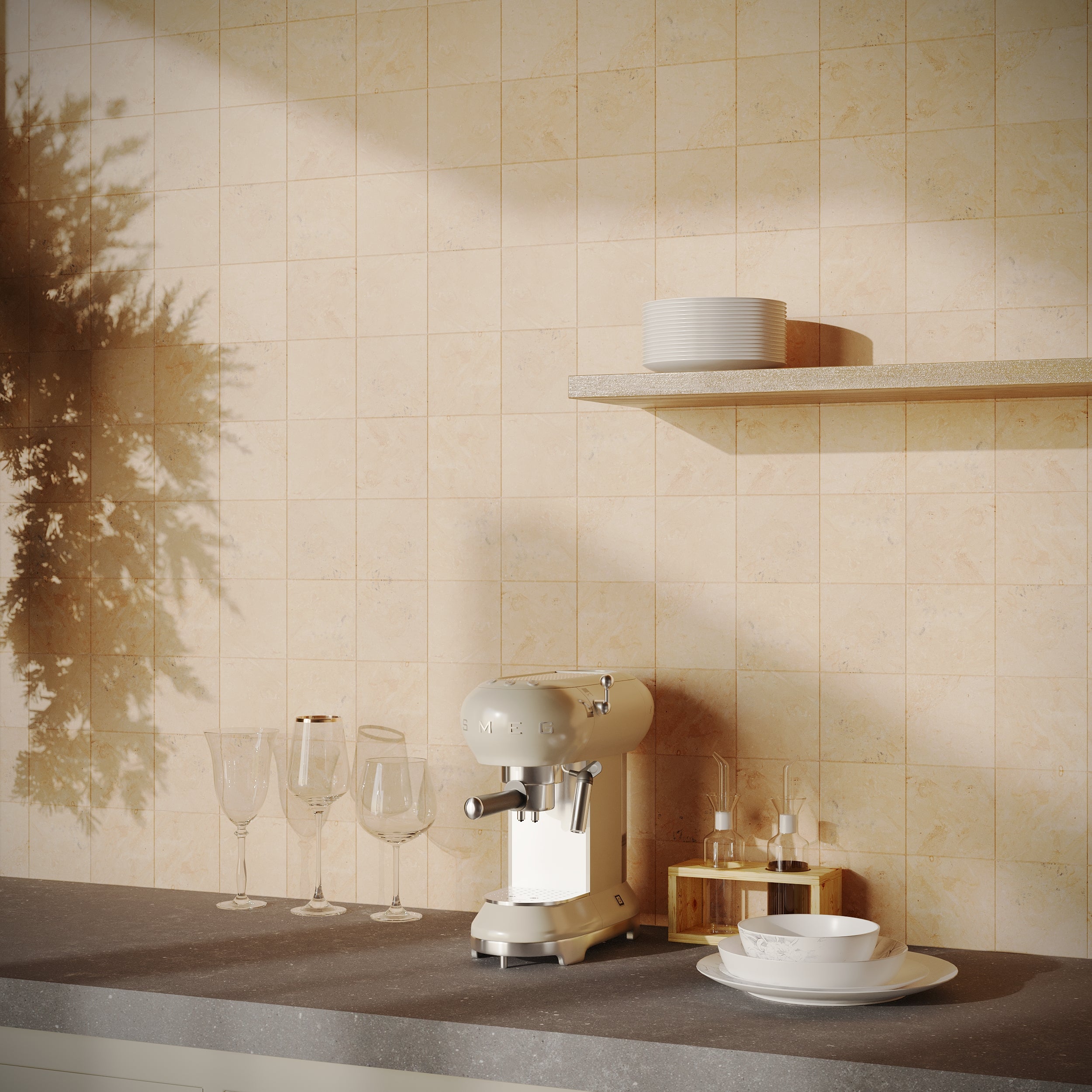 Desert Tea 4x4 Tumbled Marble Tile in beige stone with warm sand, cream, and soft gold tones from Tumbled Natural Stone Tiles